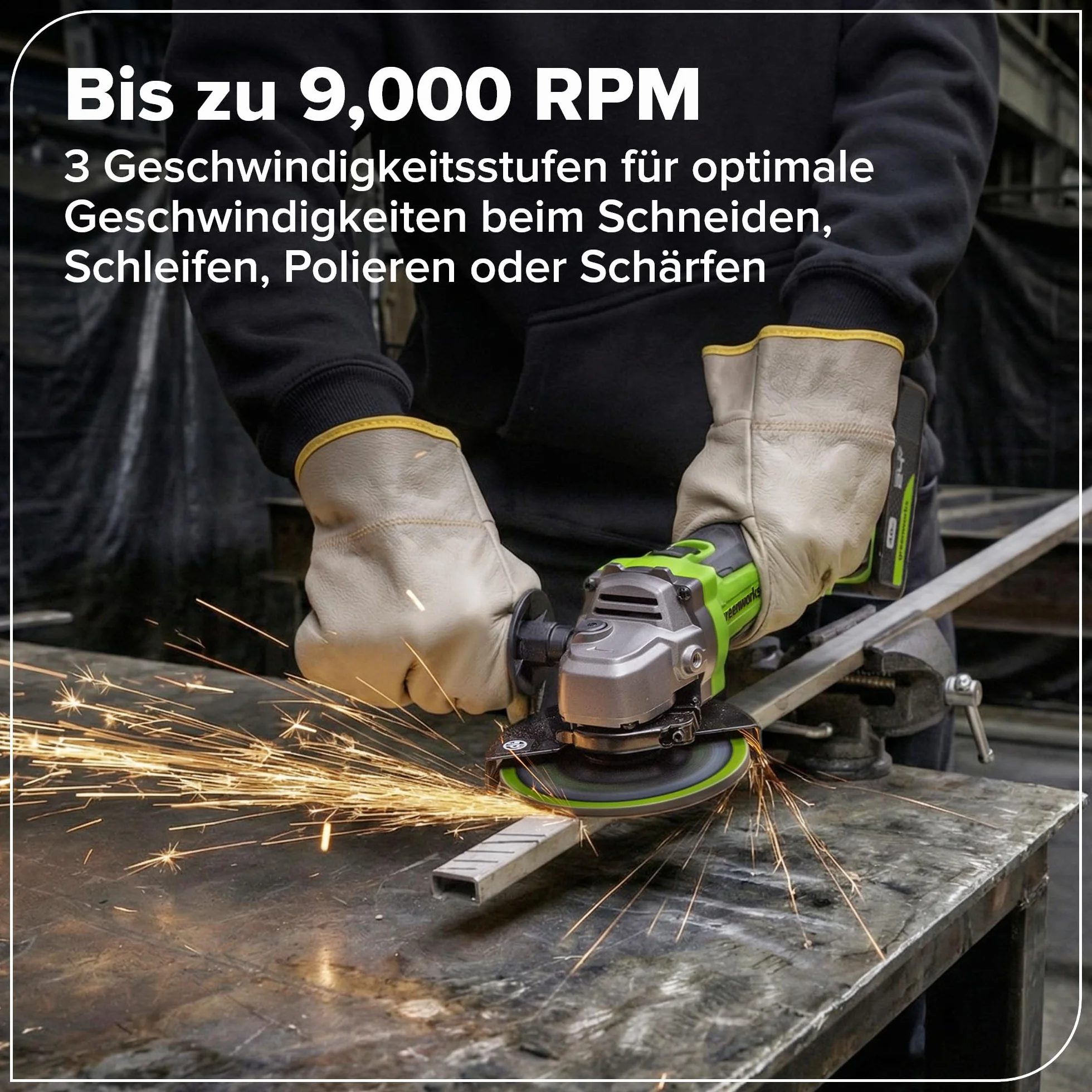 Greenworks Akumulatorowa szlifierka kątowa 24 V 125 mm ostrze tarczowe, 9000 obr./min, 900 W, silnik bezszczotkowy, leworęczny lub praworęczny z baterią USB 4 Ah i ładowarką 65 W AG590