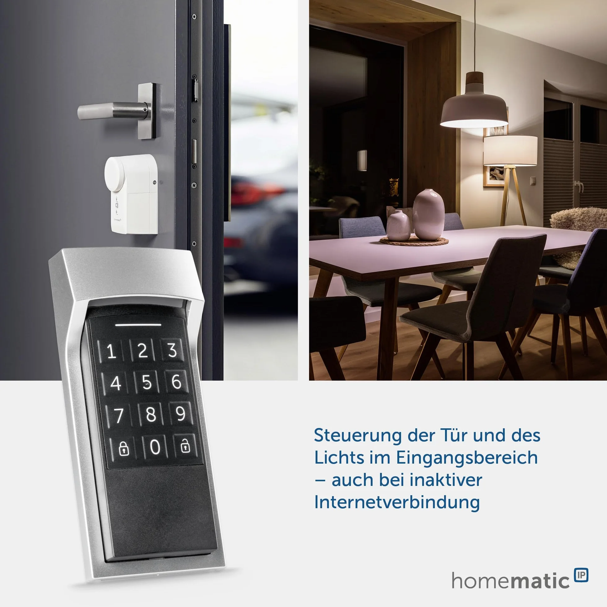 Homematic IP Smart Home Keypad, zamek szyfrowy do drzwi wejściowych z funkcją aplikacji, otwieranie i zamykanie za pomocą kodu numerycznego, rozszerzenie do napędu zamka drzwi Homematic IP 156424A0
