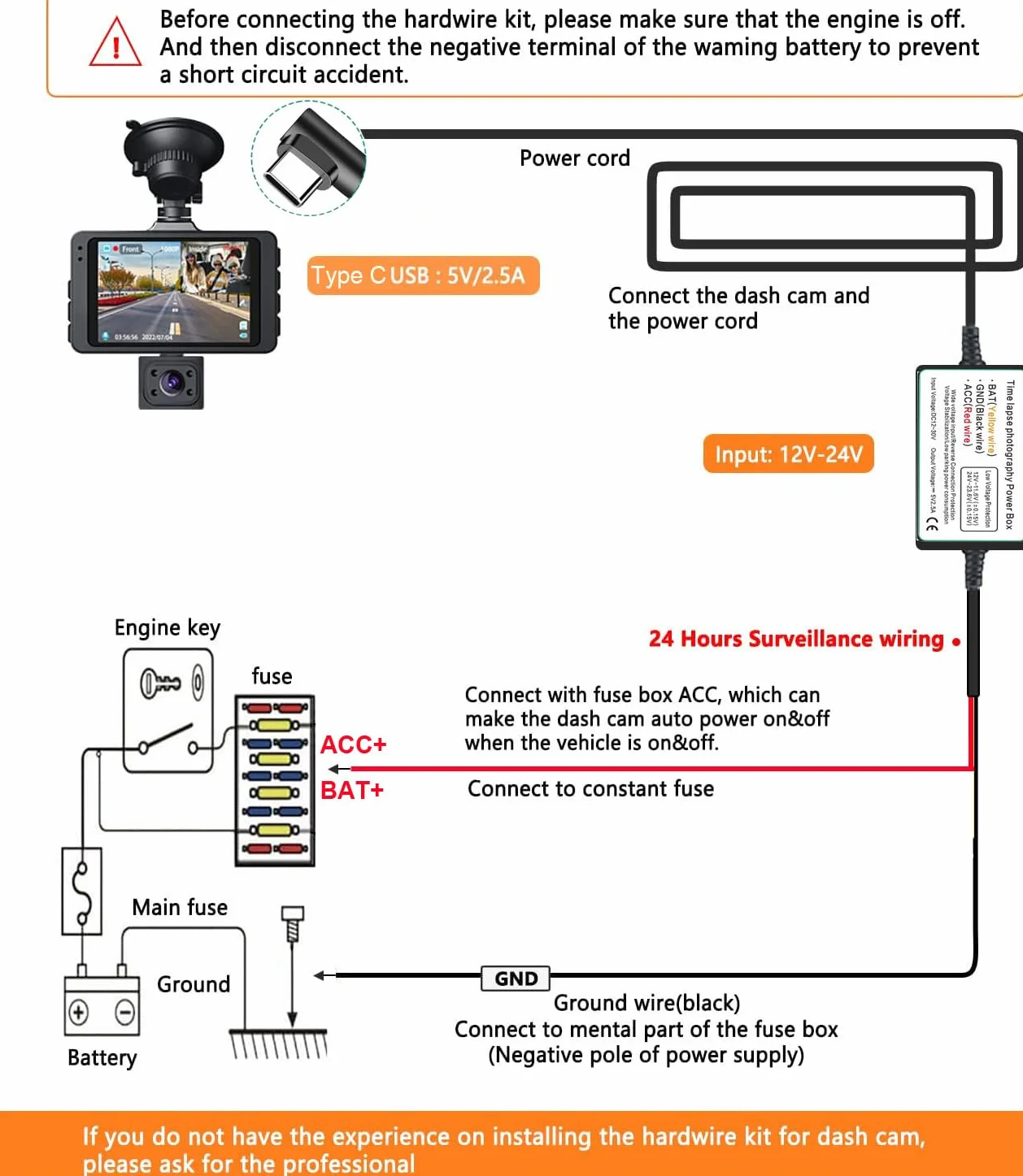 Gebildet Dash Cam Hardwire Kit 12V-24V do 5V Ochrona Niskonapięciowa 13 stóp/320 cm