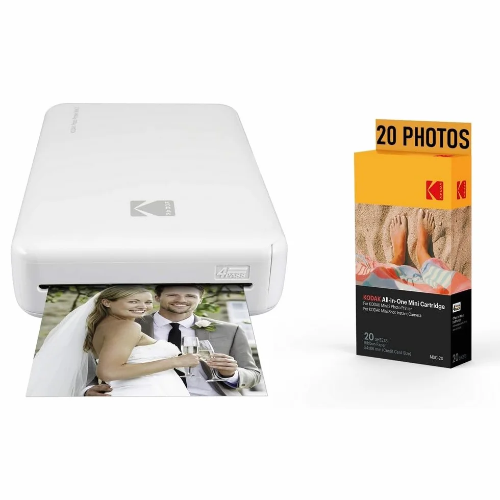 KODAK PM220 Drukarka fotograficzna i wkład MSC20 - Zdjęcia 5,4 x 8,6 cm, WiFi, kompatybilna z iOS i Android - Biała