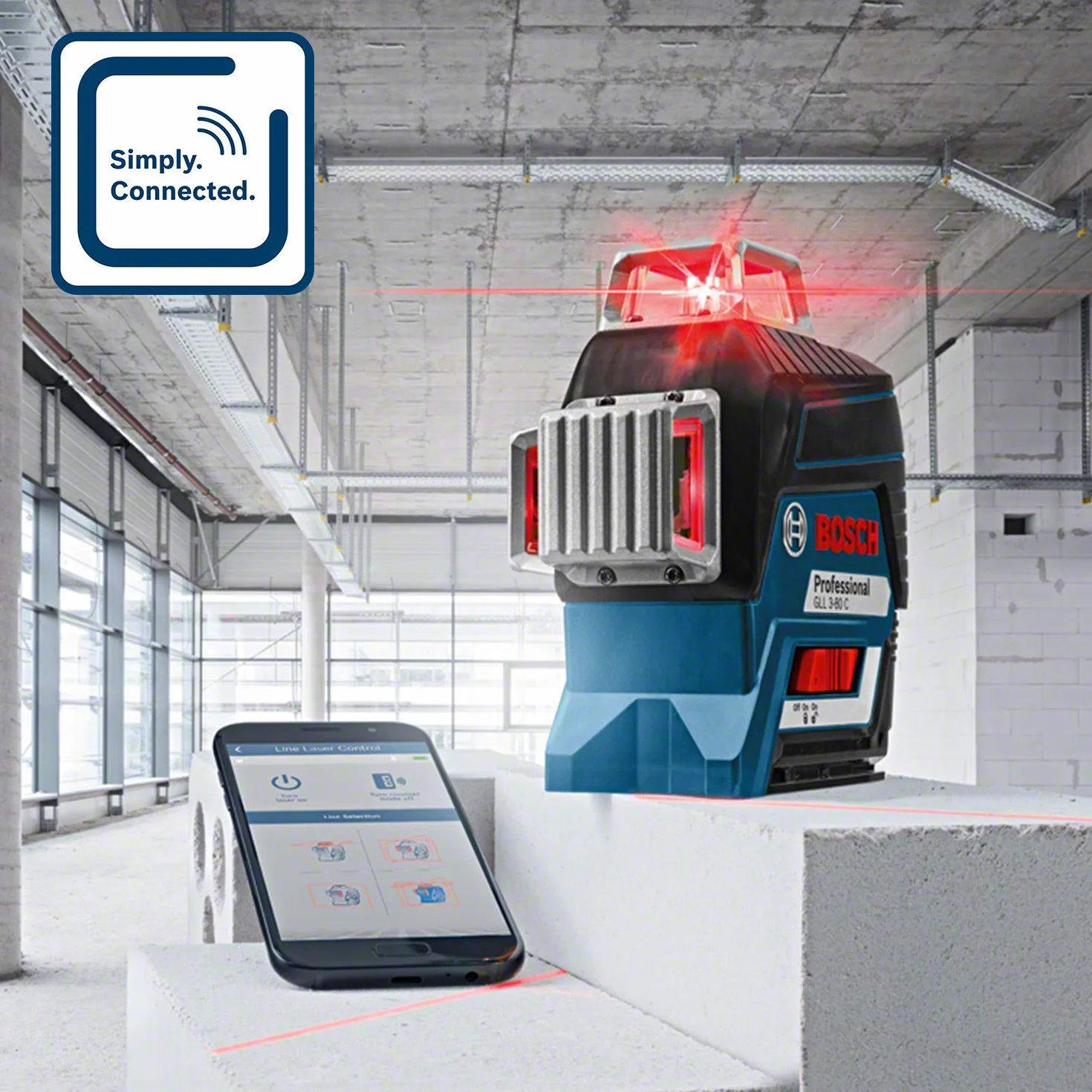Bosch Professional system 12V: laser liniowy GLL 3-80 C (1 akumulator GBA 12V 2.0Ah, czerwona wiązka, współpraca z aplikacją, uchwyt, odbiornik, zasięg pracy: 30 m, walizka L-BOXX)