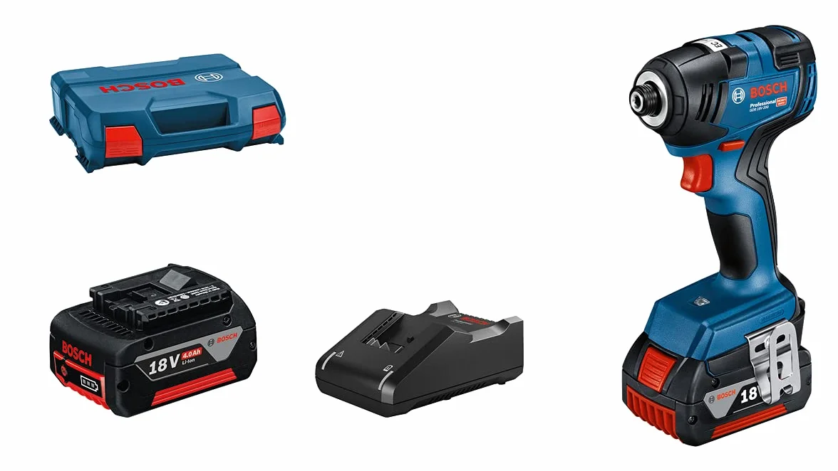 Bosch Professional system 18V: akumulatorowy klucz udarowy GDR 18V-200 (2 akumulatory GBA 18V 4.0Ah, szybka ładowarka GAL 18V-40, walizka L-Case)