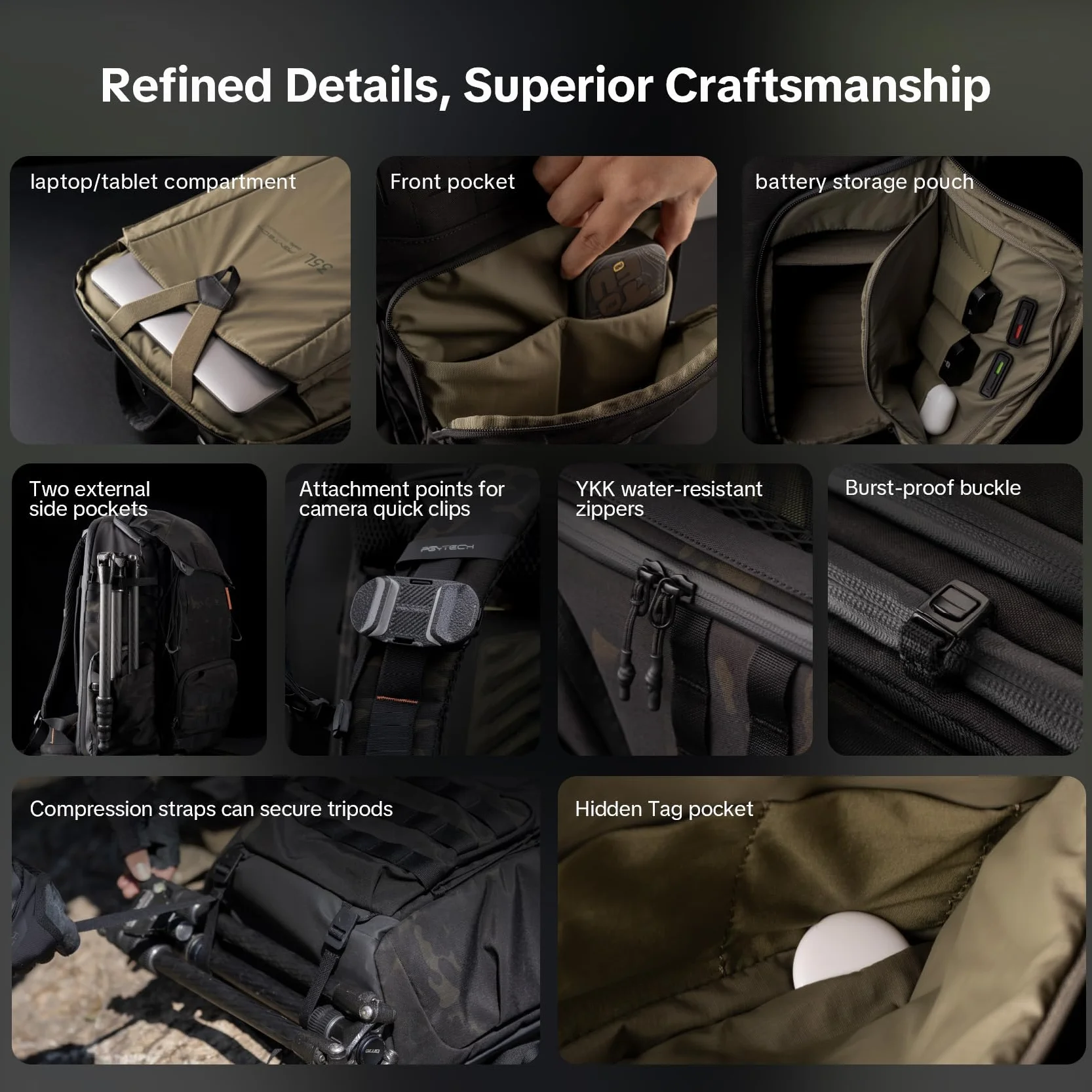 PGYTECH OneMo TAC Plecak na zdjęcia taktyczny 25 l/35 l Wodoodporny plecak na aparat DSLR/SLR/Lustrzanki lustrzane, z kieszenią na laptopa 15,6", pokrowiec na deszcz, uchwyt na pod, czarny/brązowy