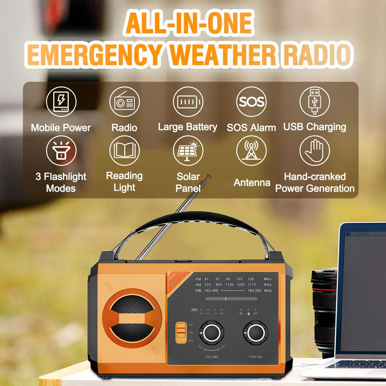 Awaryjne radio pogodowe 20000 mAh AM/FM/NOAA solarne z korbą ręczną i ładowaniem USB