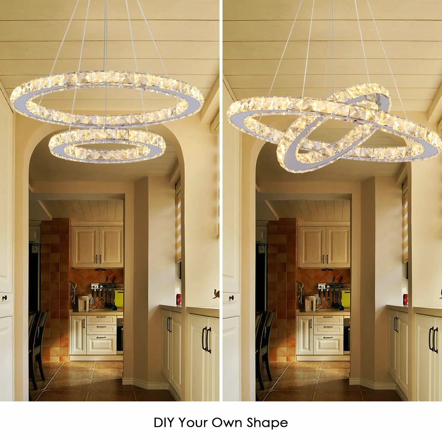 Finktonglan Kryształowy żyrandol LED, 2 pierścienie (Ø 30 i 50 cm), lampa wisząca z regulacją wysokości, ciepła biel 3000 K, 50 W LED, stal nierdzewna/kryształ K9, do salonu i jadalni
