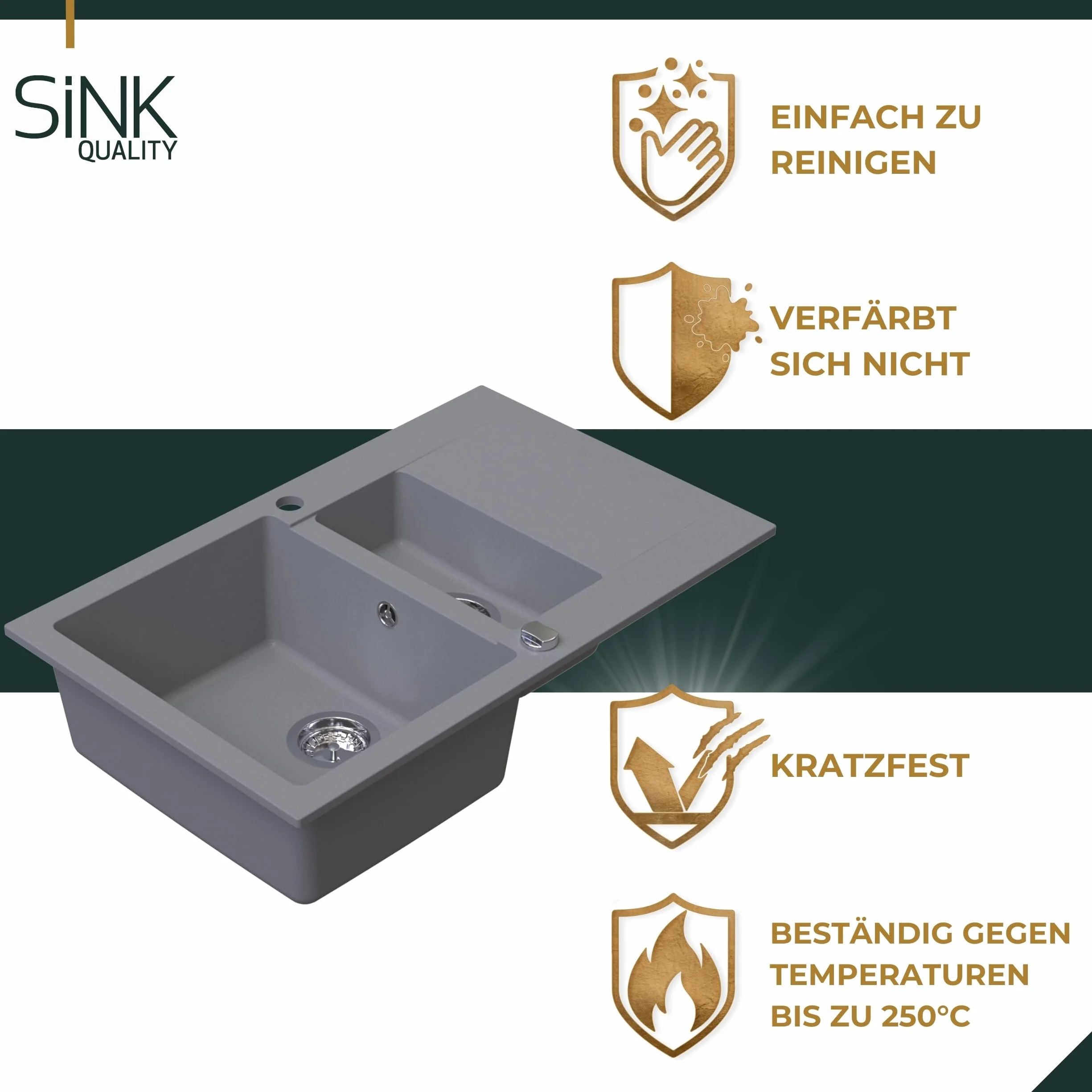 SINK Quality zlewozmywak szary, 79 x 50 cm, zlewozmywak granitowy 1,5 umywalka, zlewozmywak z syfonem i środkiem impregnującym, zlewozmywak kuchenny od szafki pod umywalkę 50