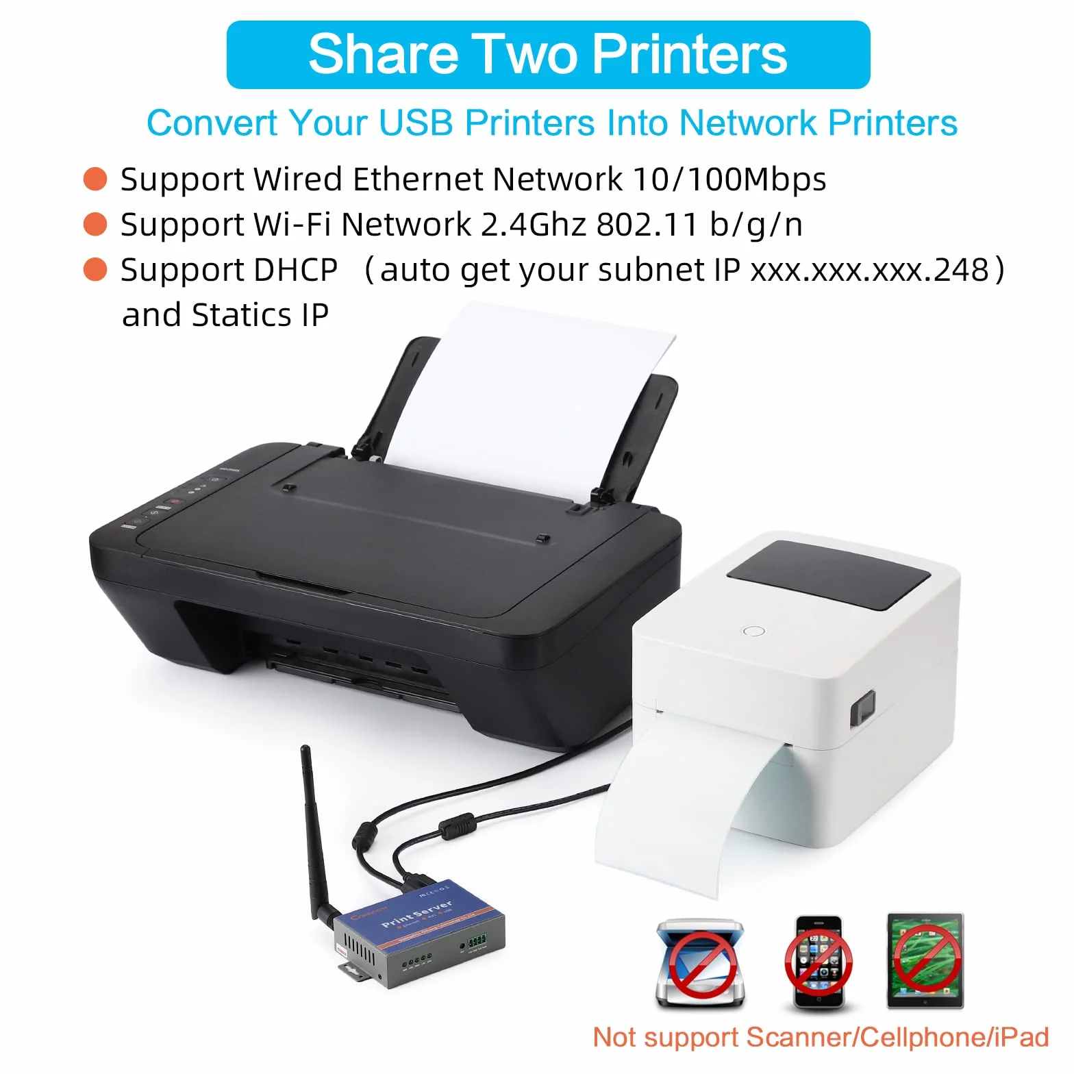 2-portowy bezprzewodowy serwer druku USB Wi-Fi Ethernet do drukarki Windows Mac Linux