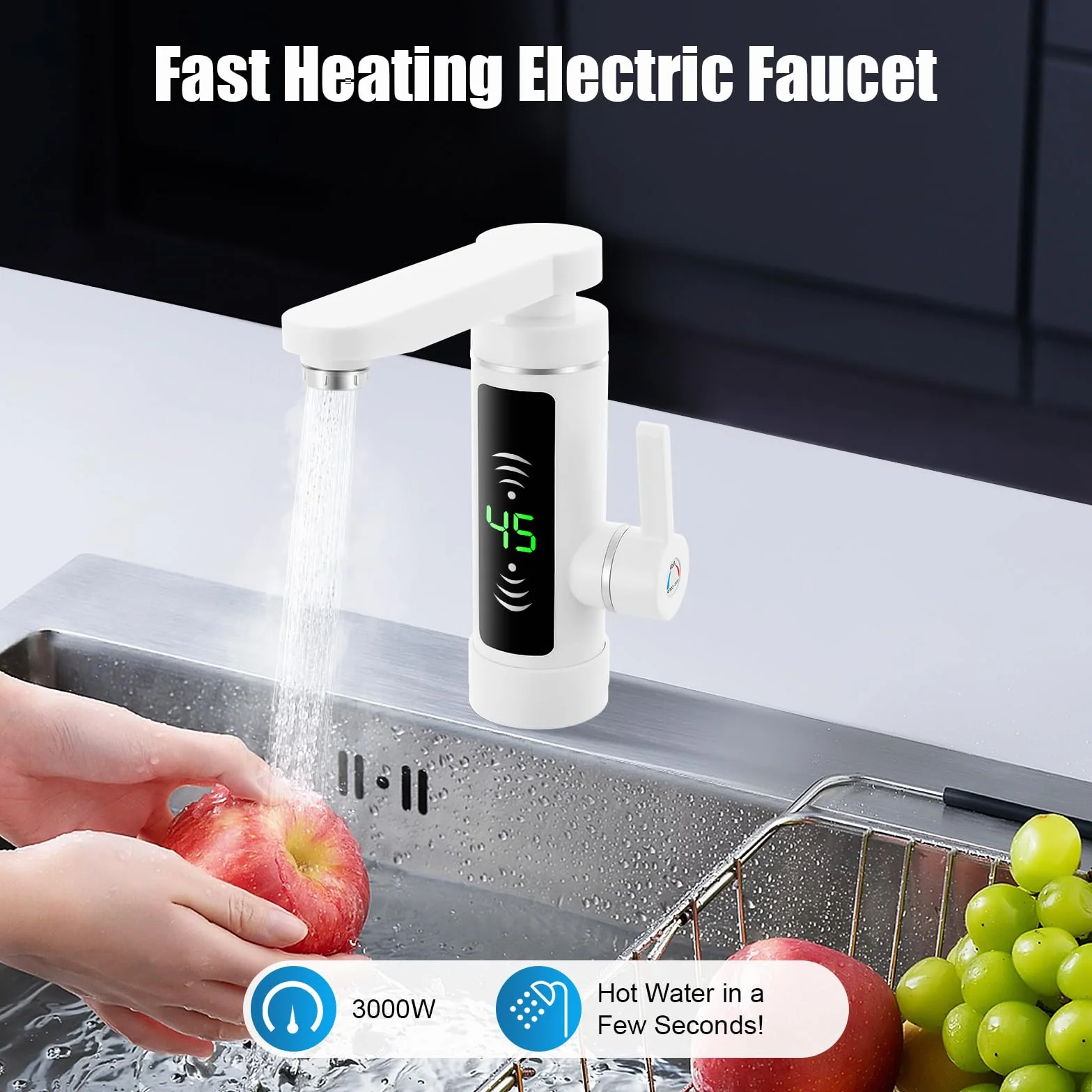 Elektryczny kran, 3000 W LED, podgrzewacz przepływowy ze stali nierdzewnej, natychmiastowe ogrzewanie, obracany o 360°, armatura kuchenna, ze wskaźnikiem temperatury, do kuchni i łazienki (biały)