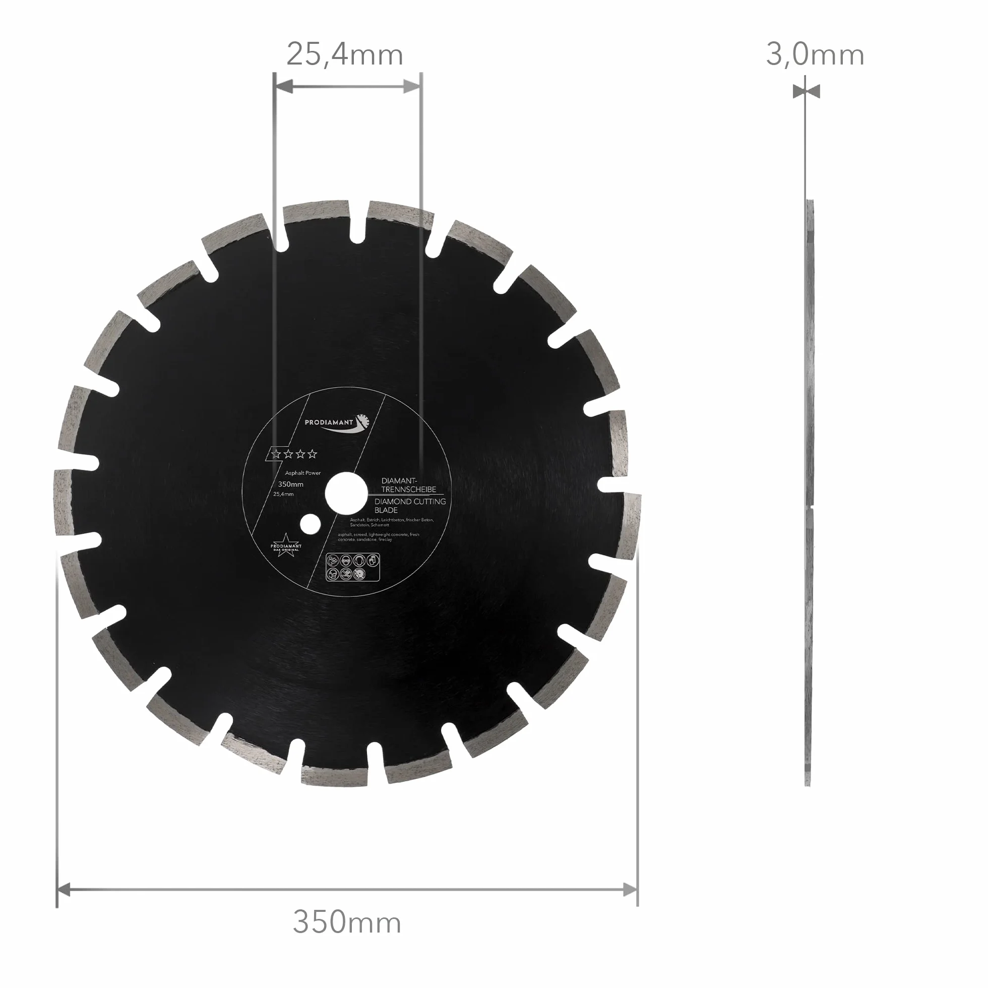PRODIAMANT Diamentowa tarcza do cięcia asfaltu, 350 mm x 25,4 mm, ścierne segmenty blokowe diamentowe do dróg, asfaltu, lekkiego betonu, świeżego betonu, piaskowca, szamotu z głęboko wtopionym