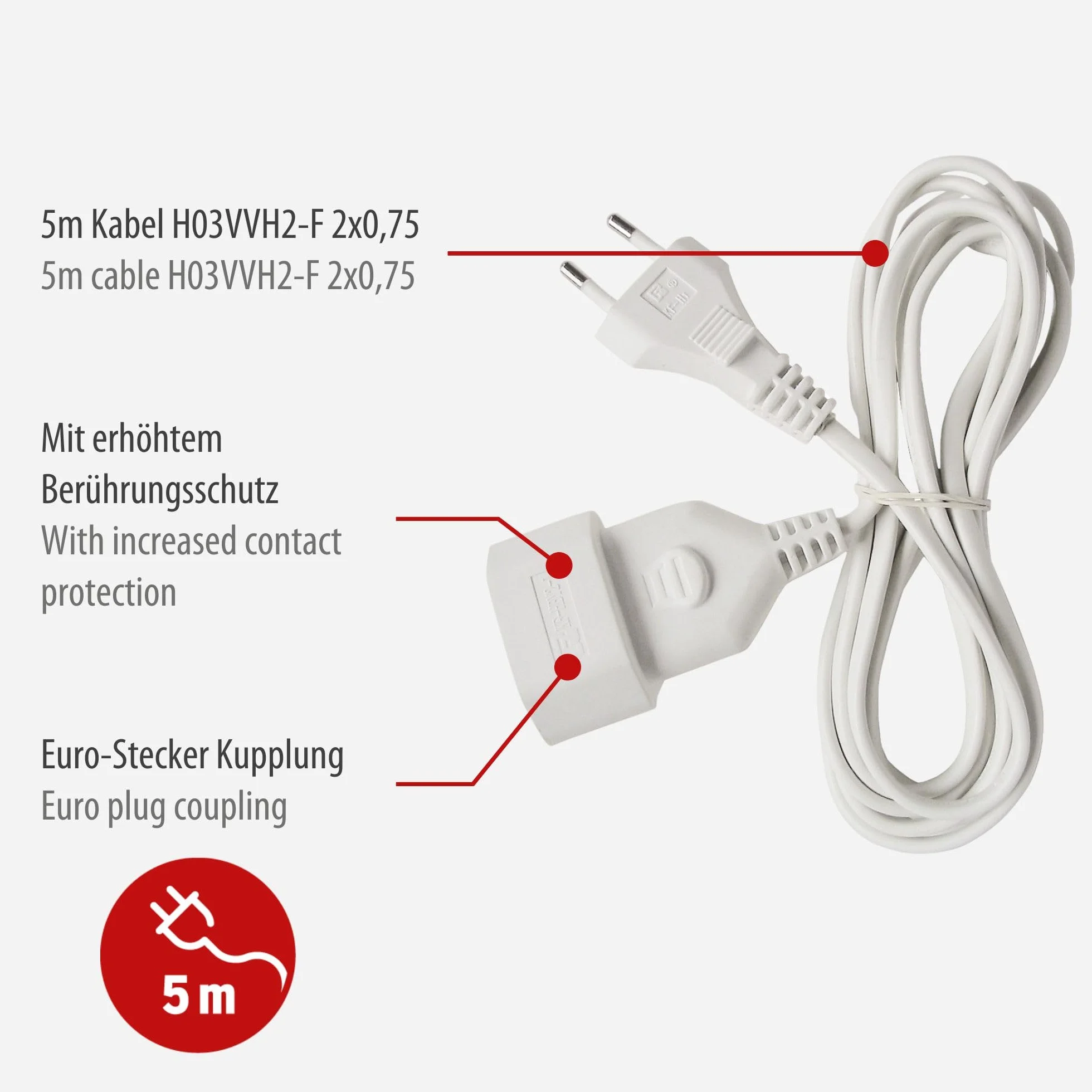 Brennenstuhl 1161670 Kabel Przedłużający do Użytku Wewnętrznego, Biały 5 m