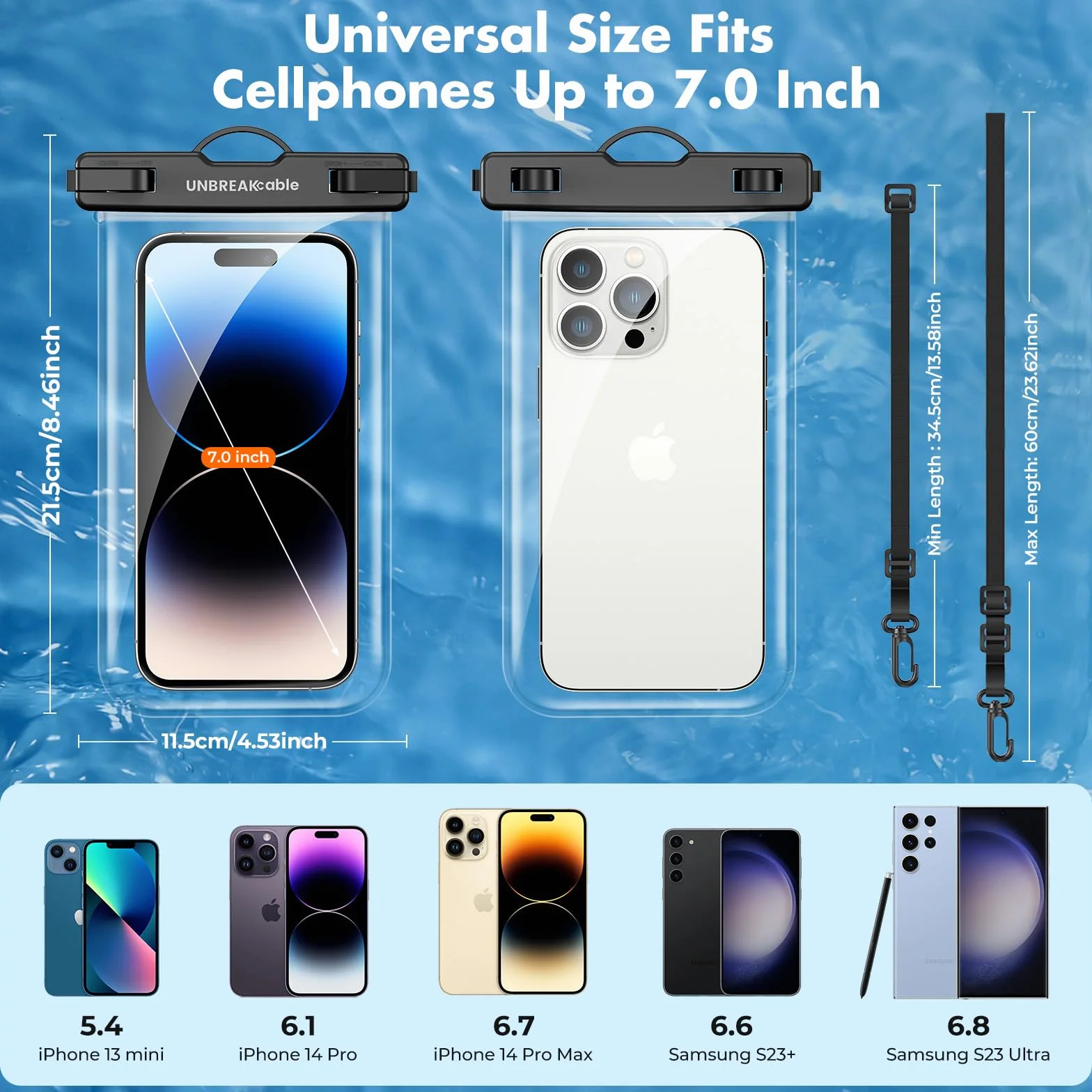 UNBREAKcable Wodoszczelne etui na telefon komórkowy IPX8 7,0 cala 2 sztuki do iPhone 13/12/11/XS Pro Max Mini Samsung