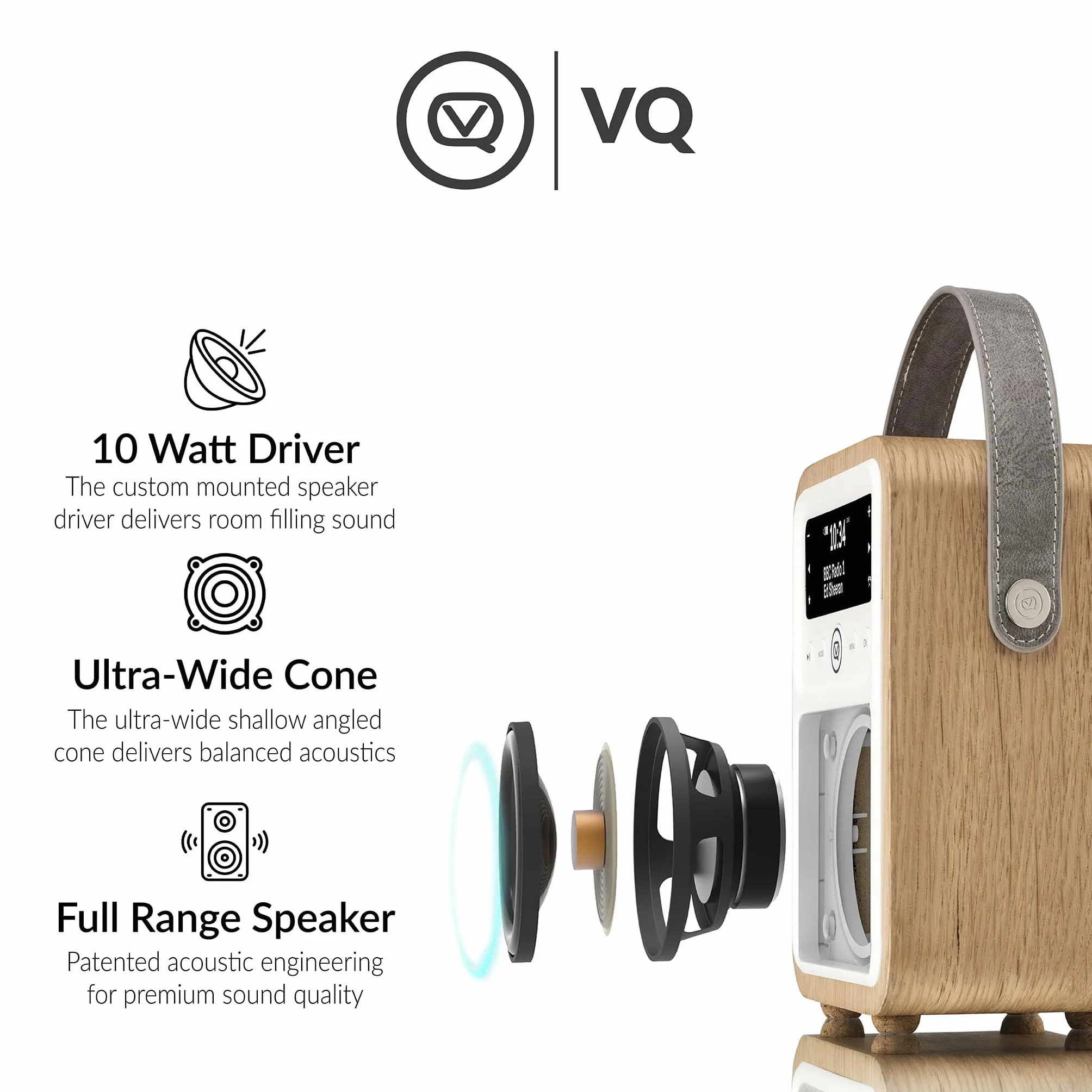 VQ Monty Dab Plus/Dab Radio z Bluetooth, FM i Funkcją Budzika - Zasilane z Sieci i Baterii Przenośne Radio z Anteną, Gniazdkiem Słuchawkowym i Portem Usb do Ładowania - Dąb