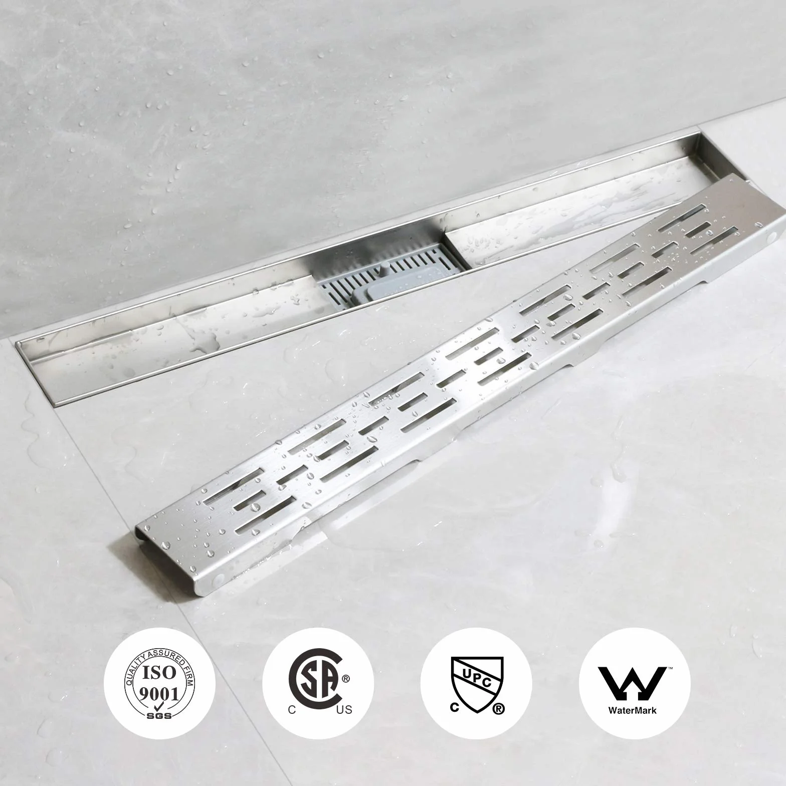 SaniteModar Odpływ łazienkowy liniowy ze stali nierdzewnej 70cm. Panel z otworami liniowymi. Odpływ prysznicowy z syfonem i sitkiem do włosów.