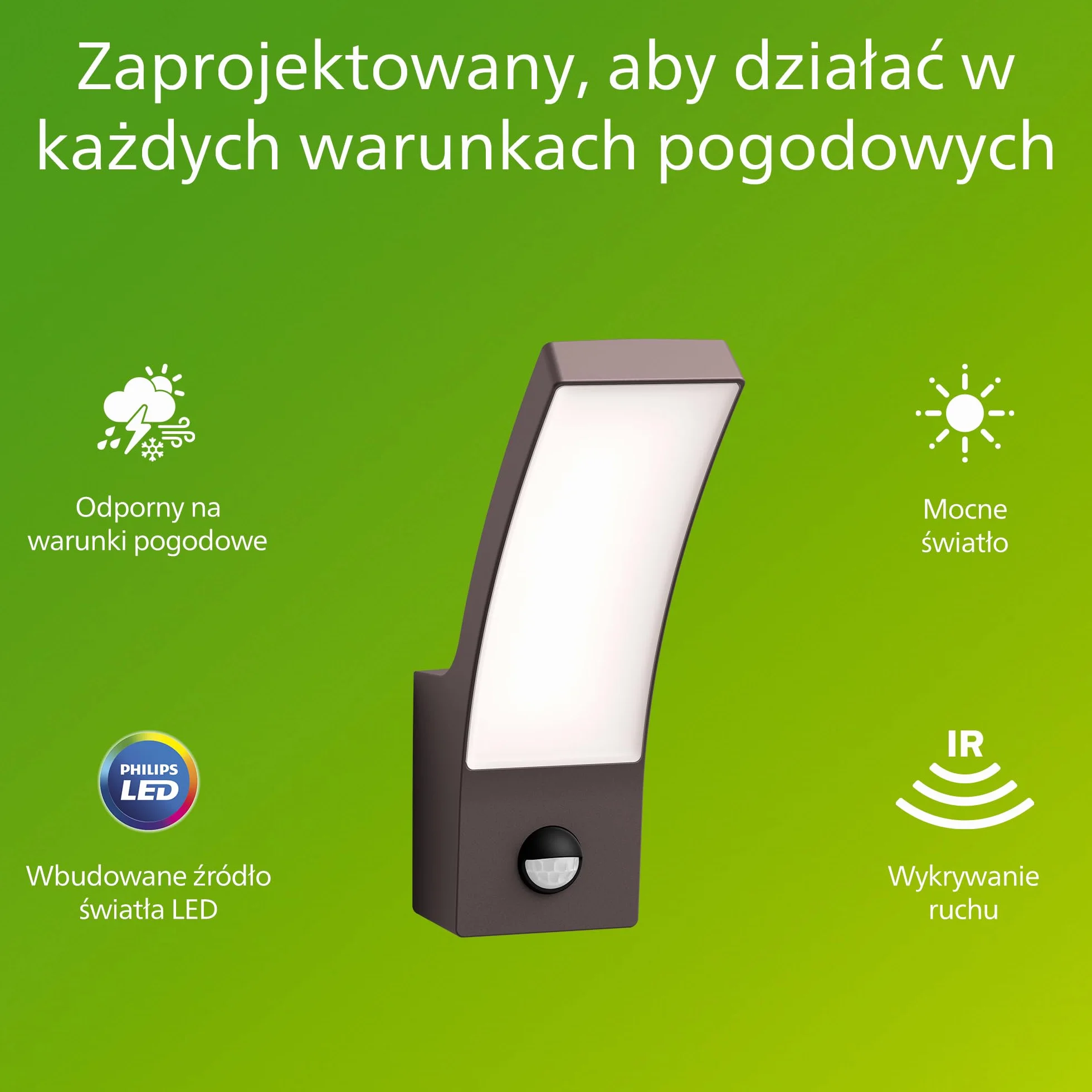 Philips Splay Kinkiet Zewnętrzny LED, 12 W, 1600 lm, 4000 K Światło Zimnobiałe, IP44 Odporny na Warunki Pogodowe, Czujnik Ruchu na Podczerwień, Wbudowane LED, Trwały, Aluminium, Antracyt