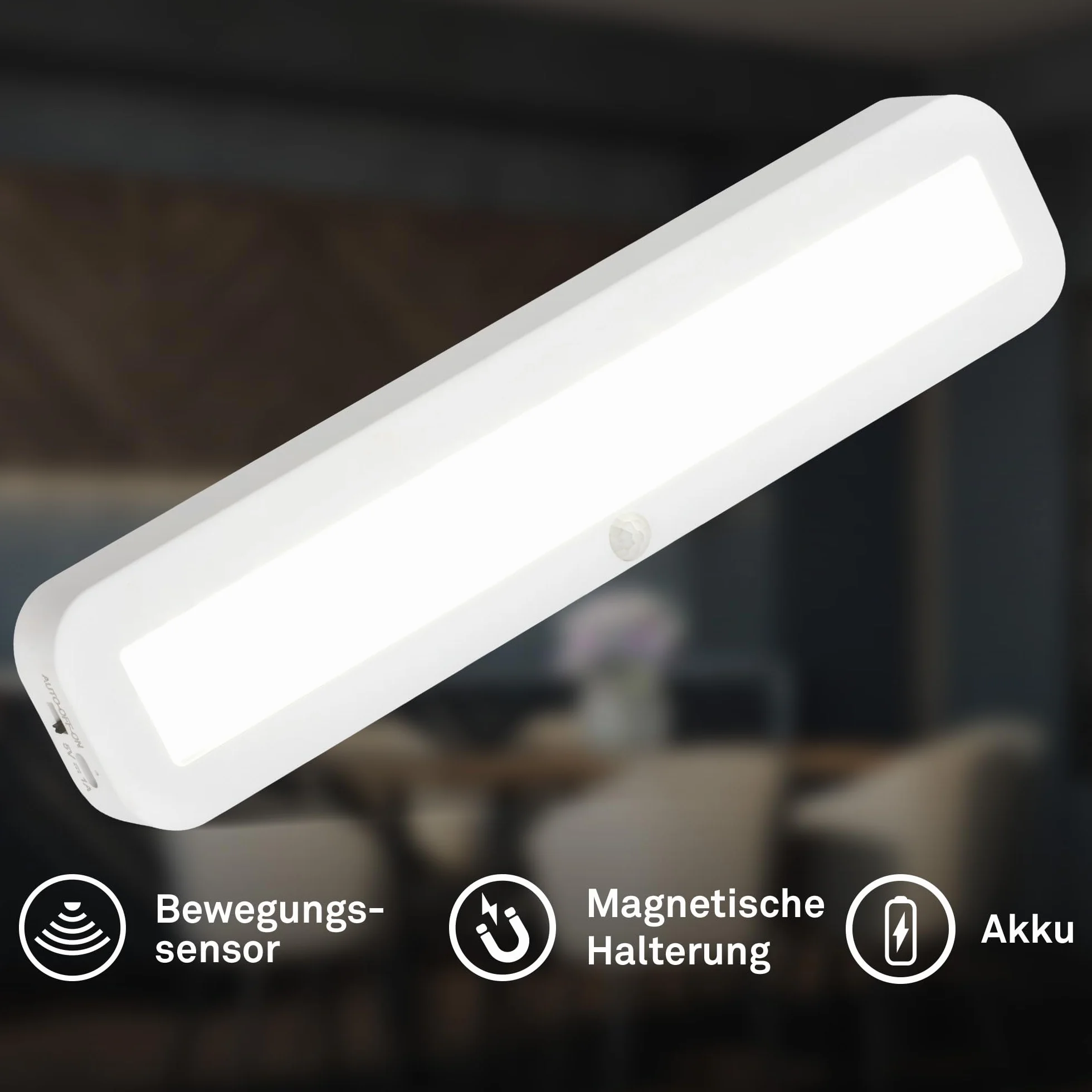 BRILONER - Lampa podszafkowa LED z czujnikiem ruchu, akumulatorem, neutralnym światłem i samoprzylepnym montażem, oświetlenie podszafkowe kuchenne oraz lampa LED pod meble, 30,5 x 6,5 x 2 cm, biała
