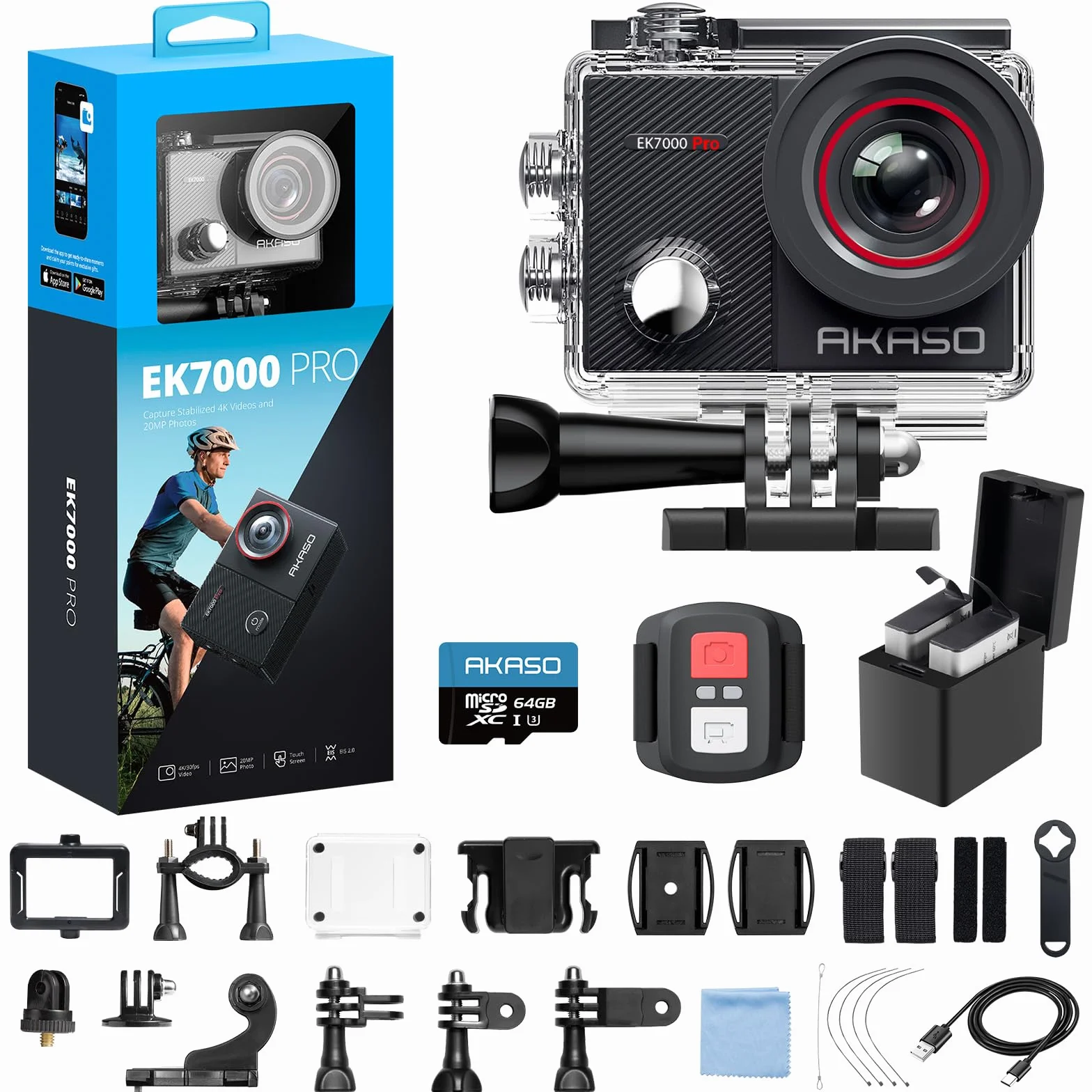 AKASO EK7000 Pro kamera sportowa 4K 64 GB wodoodporna z ekranem dotykowym