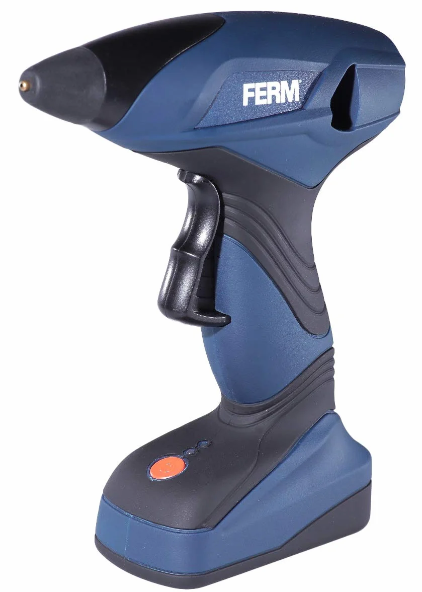 FERM GGM1003 pistolet do szybkiego podgrzewania litowo-jonowego 1,5 Ah z 3 patyczkami klejowymi i ładowarką, 7,2 V, niebieski