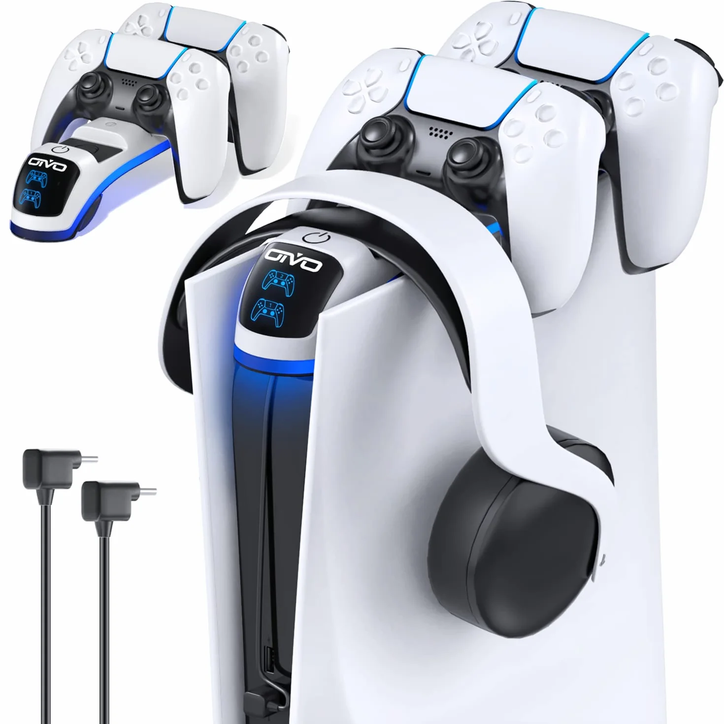 Stacja ładująca na kontroler PS5 z uchwytem na słuchawki, stacja ładująca PS5 z ulepszonym przełącznikiem dotykowym, kontroler Playstation 5, ładowarka z kablem do szybkiego ładowania, akcesoria do