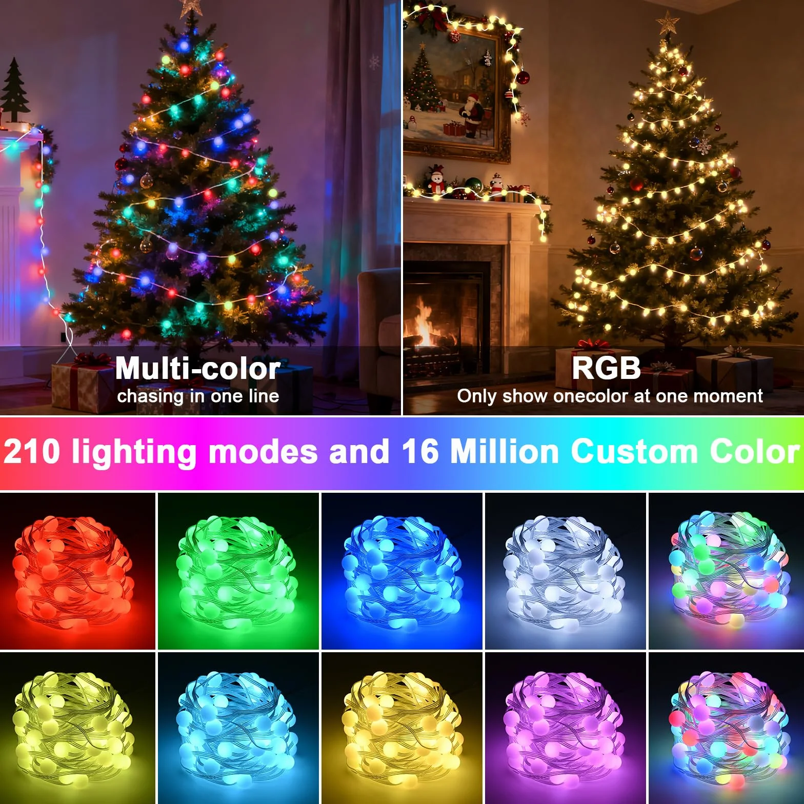 GuKKK Światła na choinkę, łańcuch świetlny RGB z 66 lampkami LED, sterowanie za pomocą aplikacji i pilota, wodoodporne oświetlenie bożonarodzeniowe do ogrodu, na imprezę (10 m, bombka)