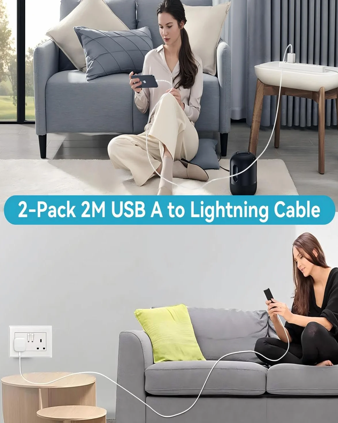 Apple MFi Certyfikowany Kabel Lightning 2 m 2-pack do iPhone 14/13/12/11 Pro Max/XS/XR/8