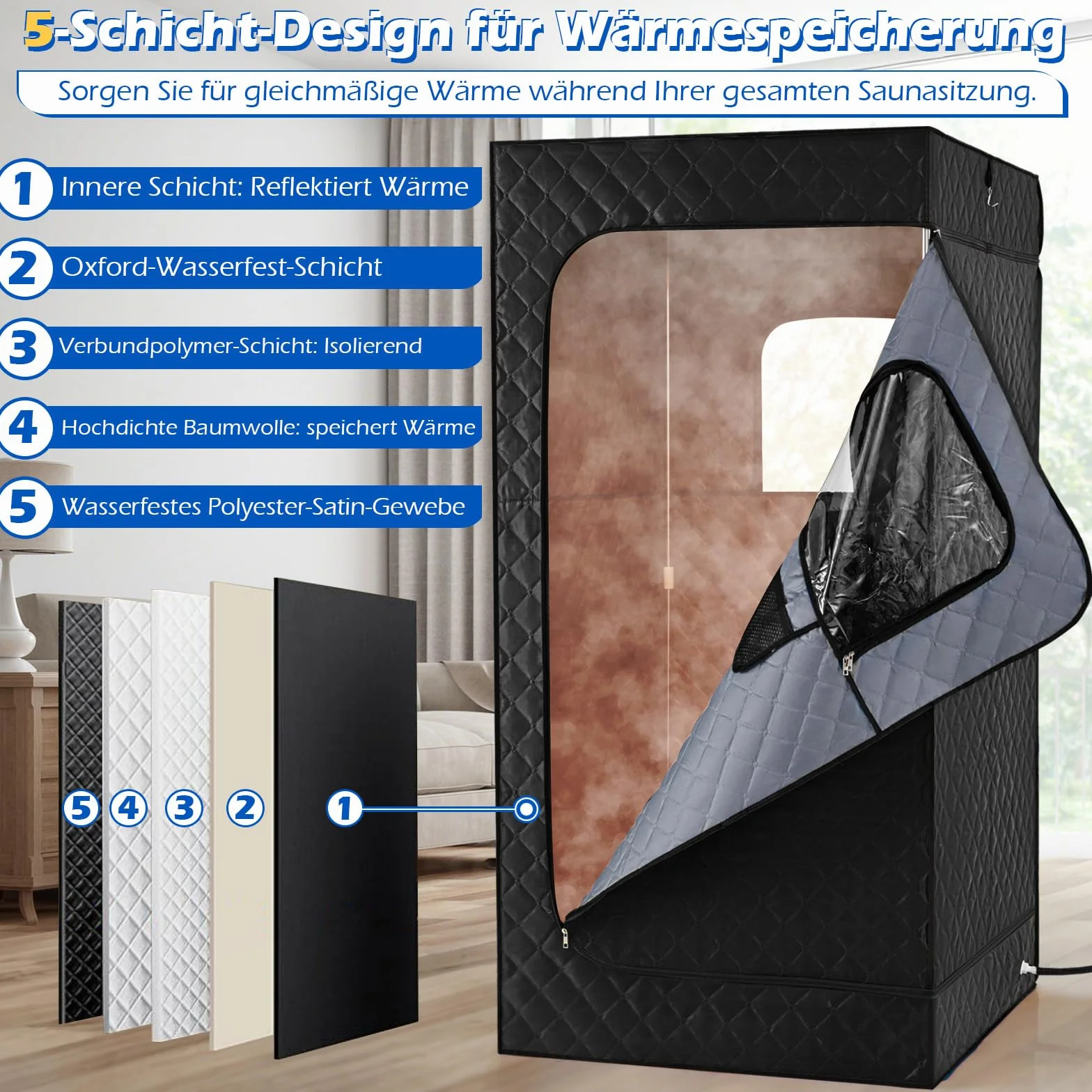 COSTWAY Sauna parowa 3 l, 1200 W, namiot do sauny z 15-stopniową regulacją temperatury, pilot zdalnego sterowania, timer, składane krzesło i mata, przenośna sauna domowa (88 x 88 x 179 cm, czarna)