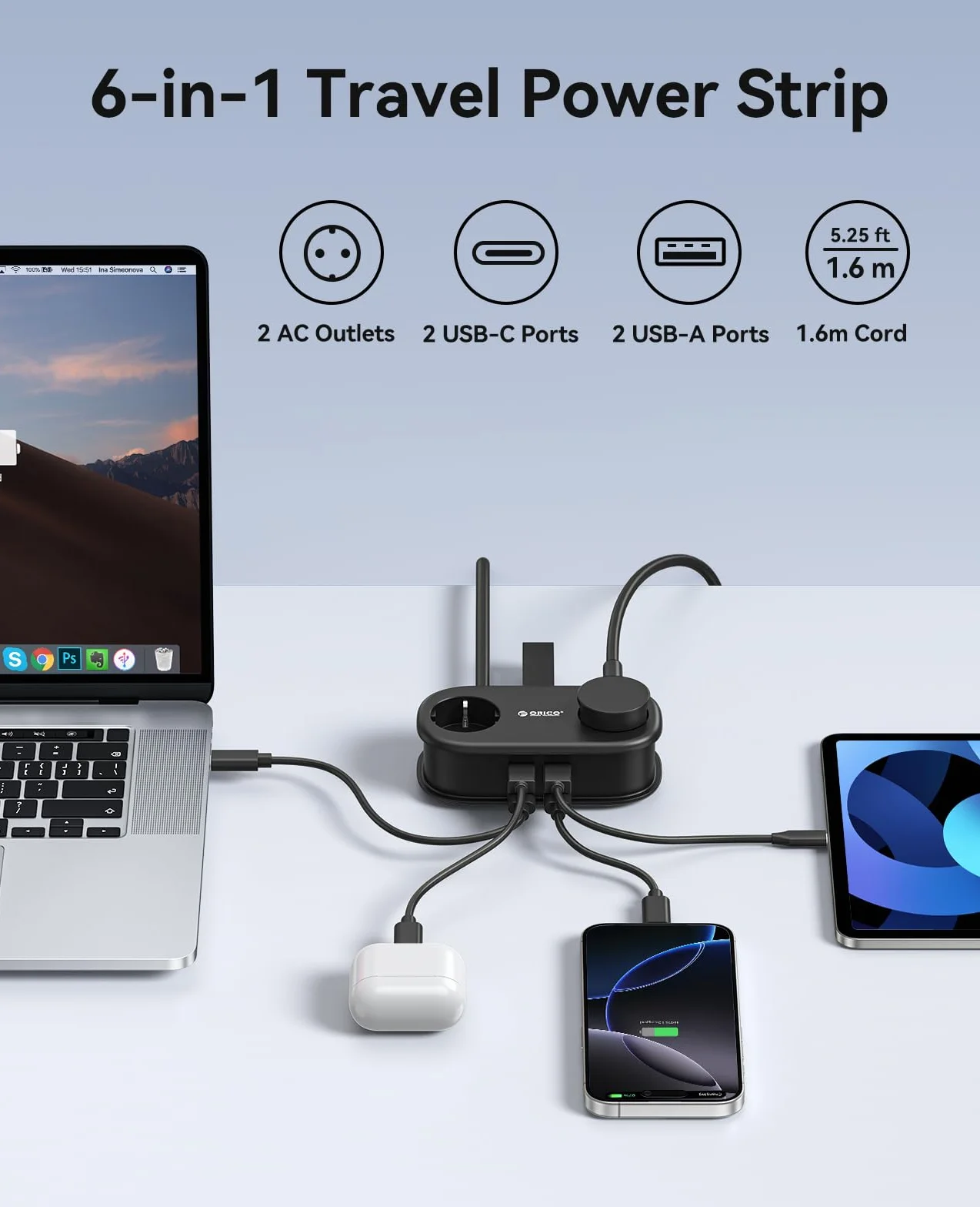 ORICO GaN listwa zasilająca 65 W z USB C, 6 w 1, listwa zasilająca do szybkiego ładowania z 4 USB, przedłużacz o długości 1,6 m, do MacBooka, iPada, telefonu komórkowego, w podróży, AP3, kolor czarny