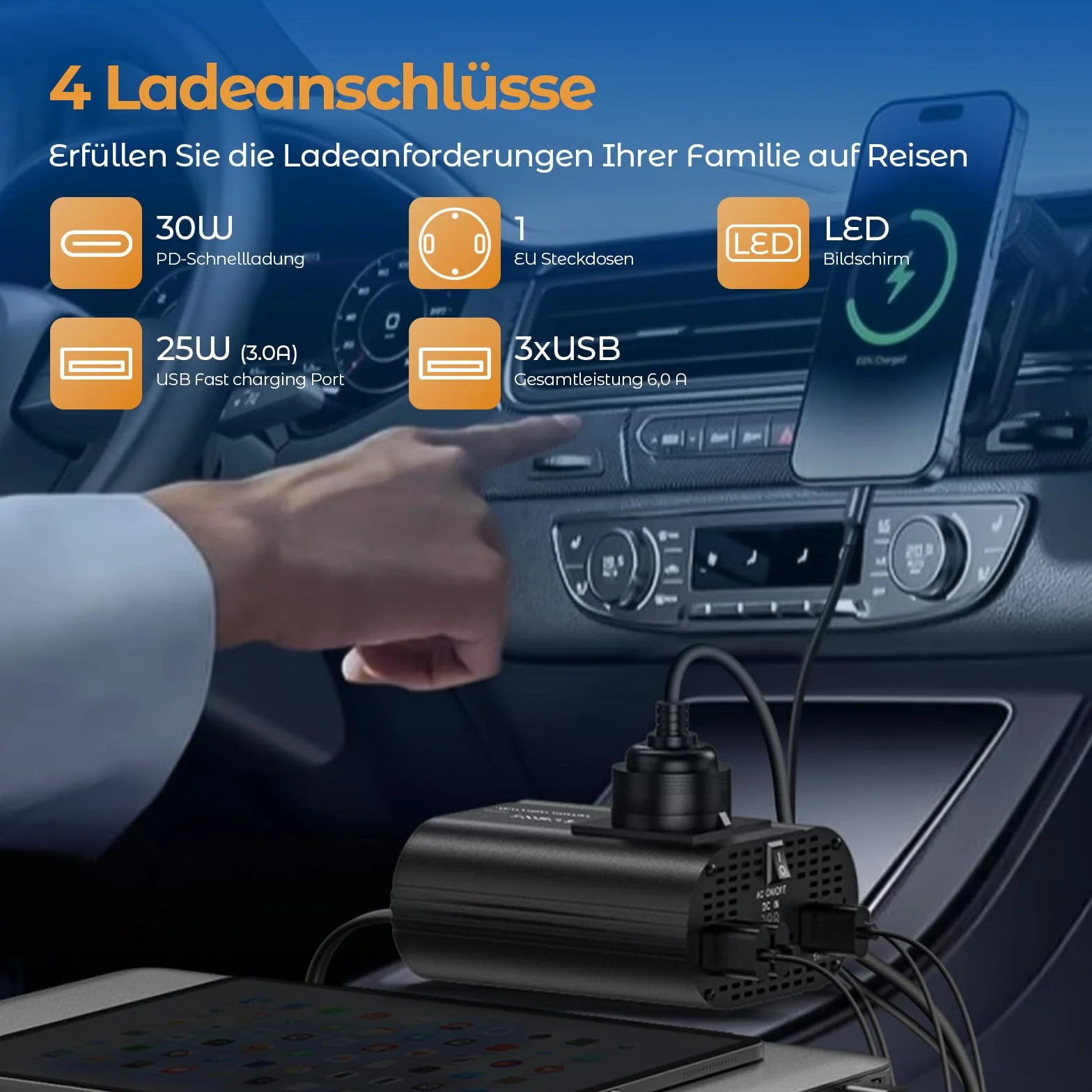 Konwerter 12V 220V 300W z 1 gniazdem Typ C 30W, 3 porty USB, wyświetlacz LED