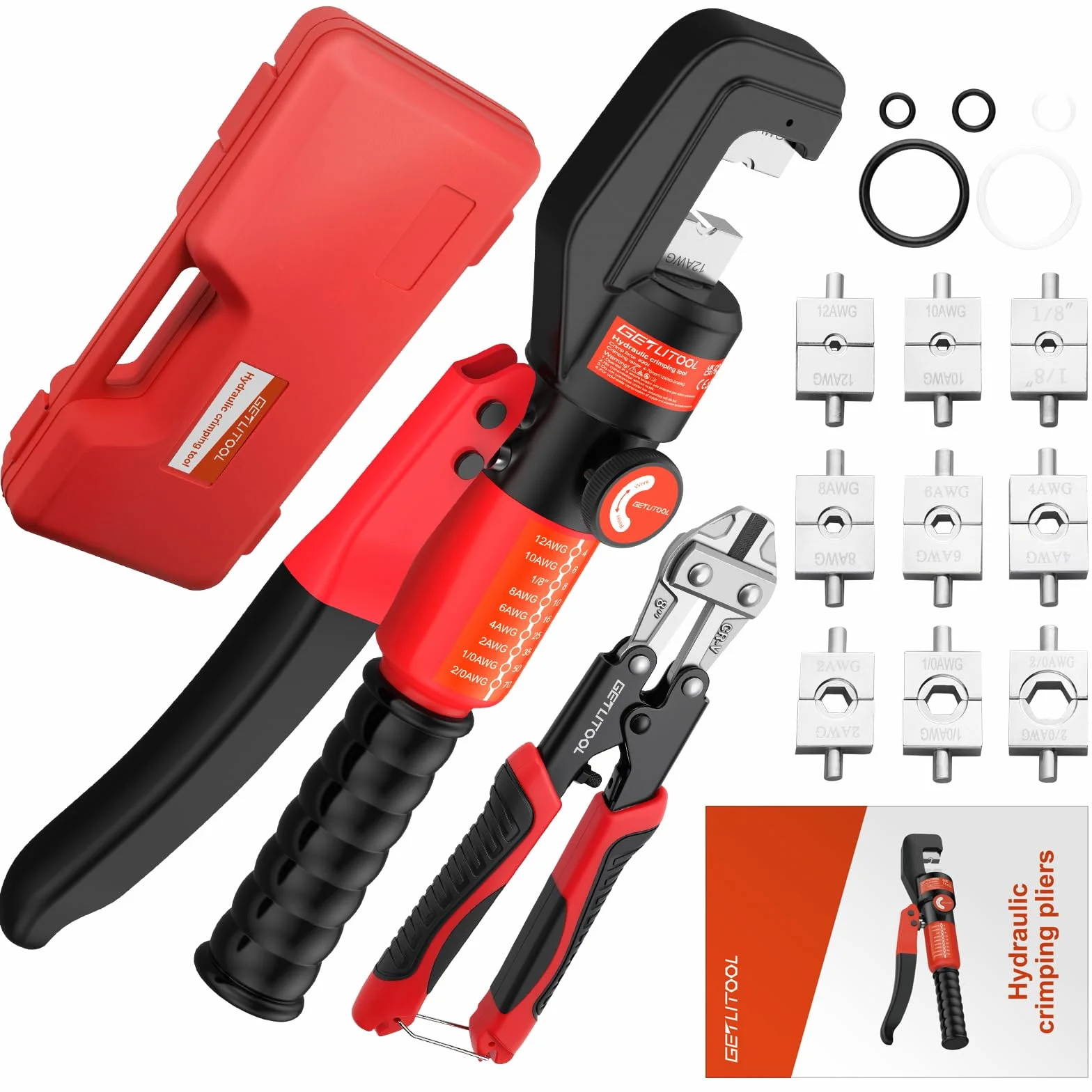 GETLITOOL 8-tonowy hydrauliczny zestaw narzędzi do zaciskania z 9 matrycami i przecinakiem do drutu, wytrzymała hydrauliczna zaciskarka do kabli akumulatorowych, końcówek i zacisków do zastosowań