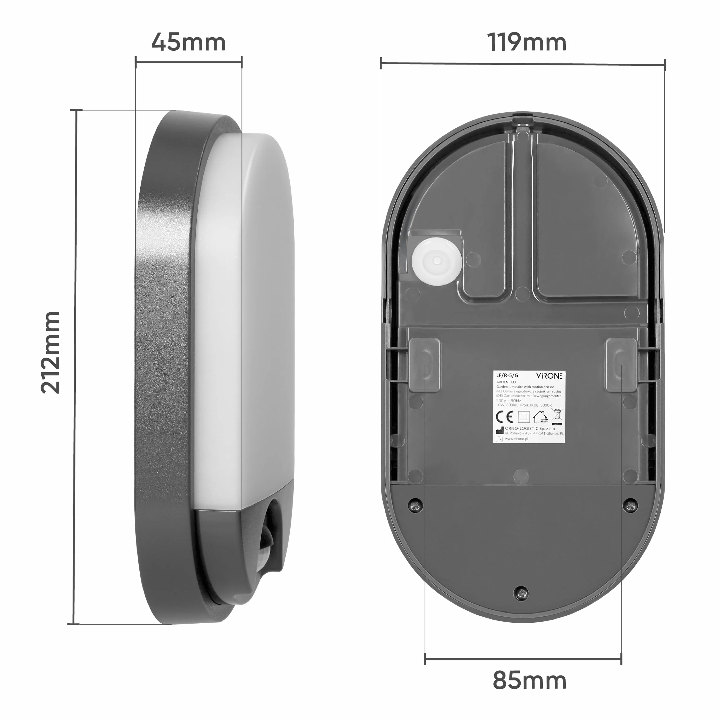 Lampa Zewnętrzna LED z Czujnikiem Ruchu PIR Zasięg 9m Barwa Ciepła Biel 3000K 10W 800lm Kinkiet Zewnętrzny Ogród Taras Balkon IP54