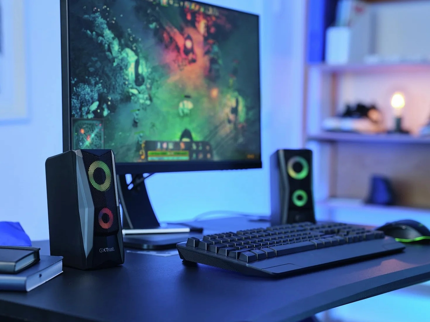 Trust Gaming GXT 606B Javv 2.0 PC głośnik z oświetleniem RGB LED, 12 W (6 W RMS), zasilanie USB, kompaktowe głośniki PC, zestaw głośników, głośniki gamingowe do komputera i laptopa – czarny