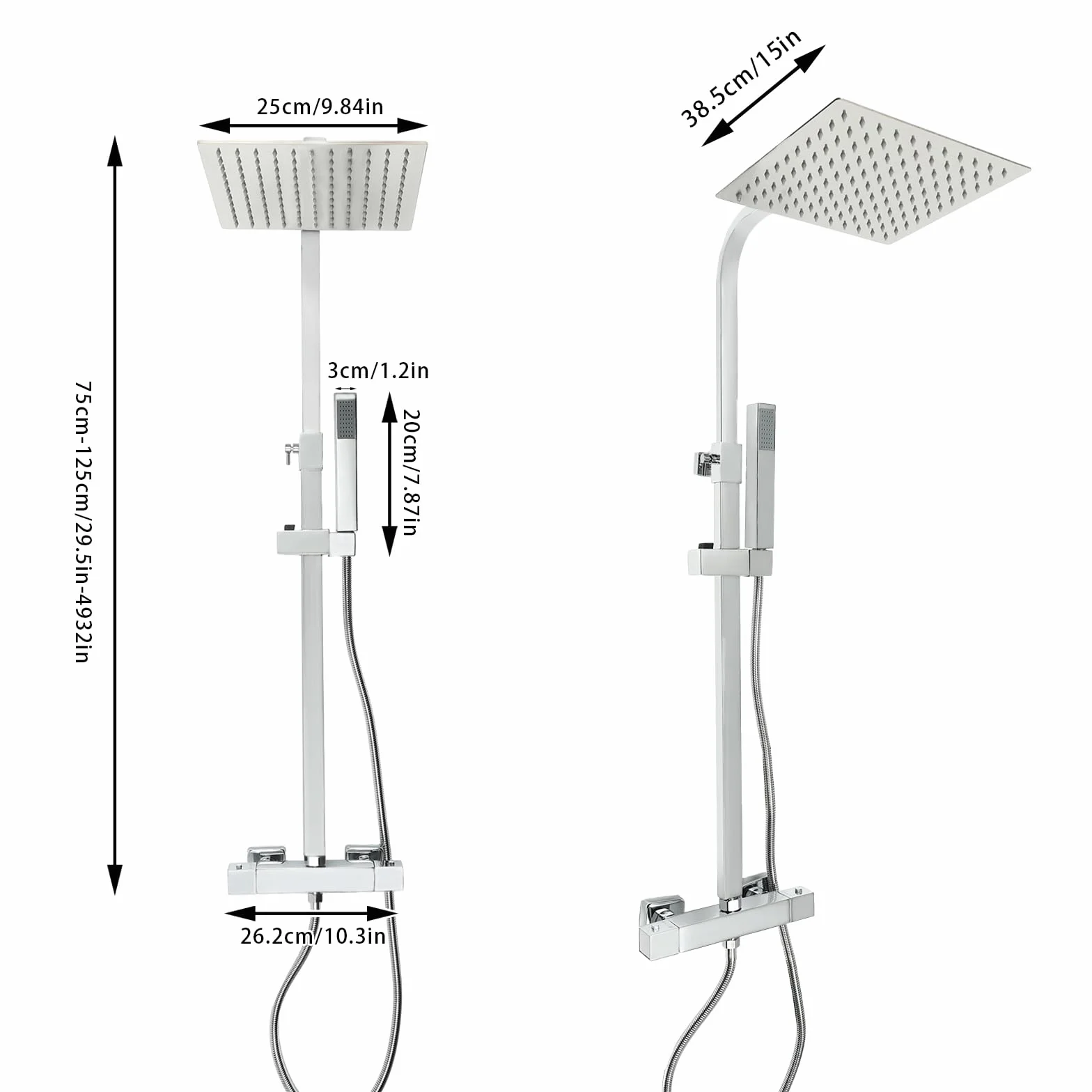 Silbrig system prysznicowy z termostatem, deszczownica z armaturą, zestaw prysznicowy kwadratowy z obracanym o 360° strumieniem górnym, do domów, hoteli, mieszkań