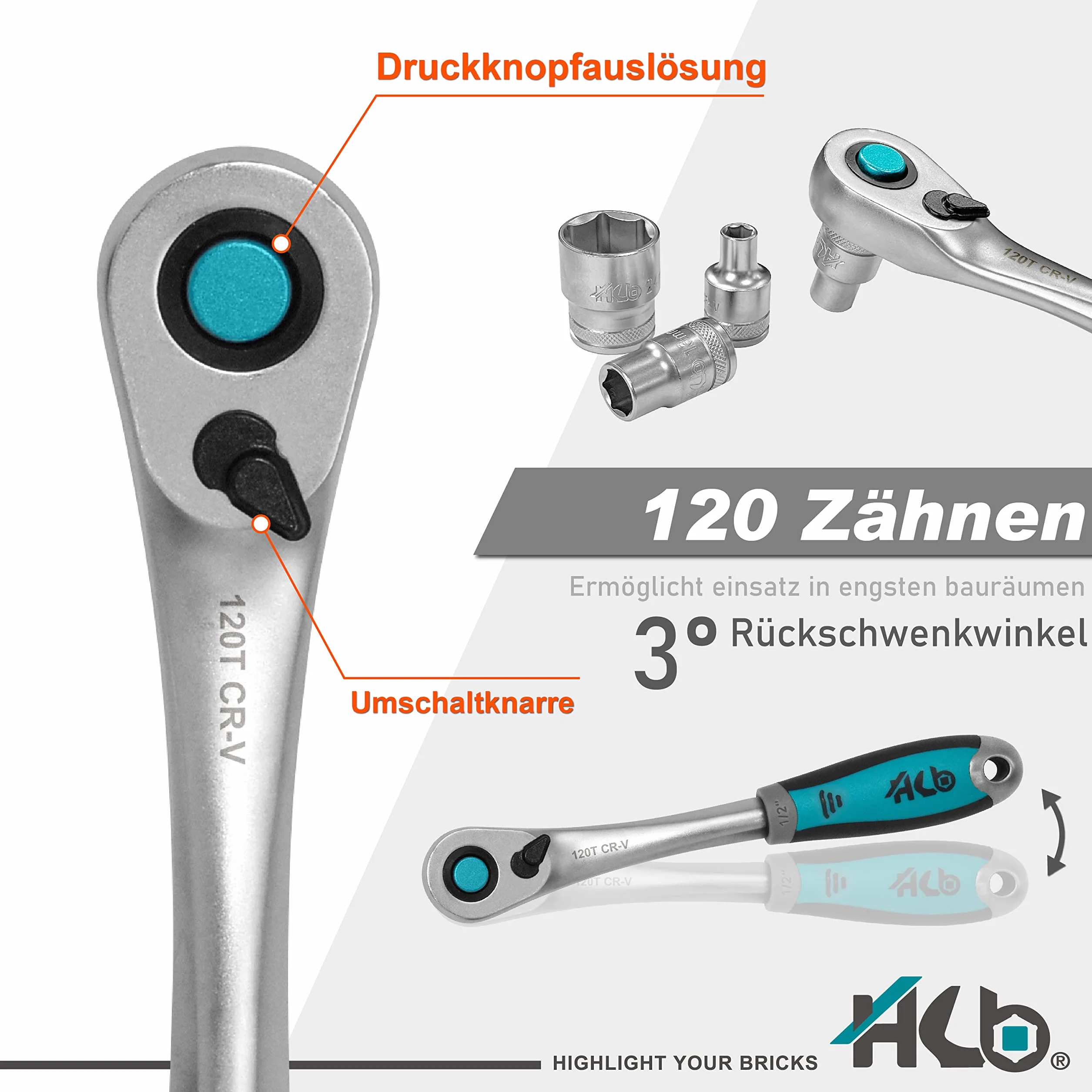 HB Zestaw Nasadek 25 Sztuk 1/2" z Grzechotką 120 Zębów Rewersyjną, Ergonomiczny Uchwyt, Quick Release, Przedłużka, Walizka z Zatrzaskiem, Made in Taiwan AKM018-G