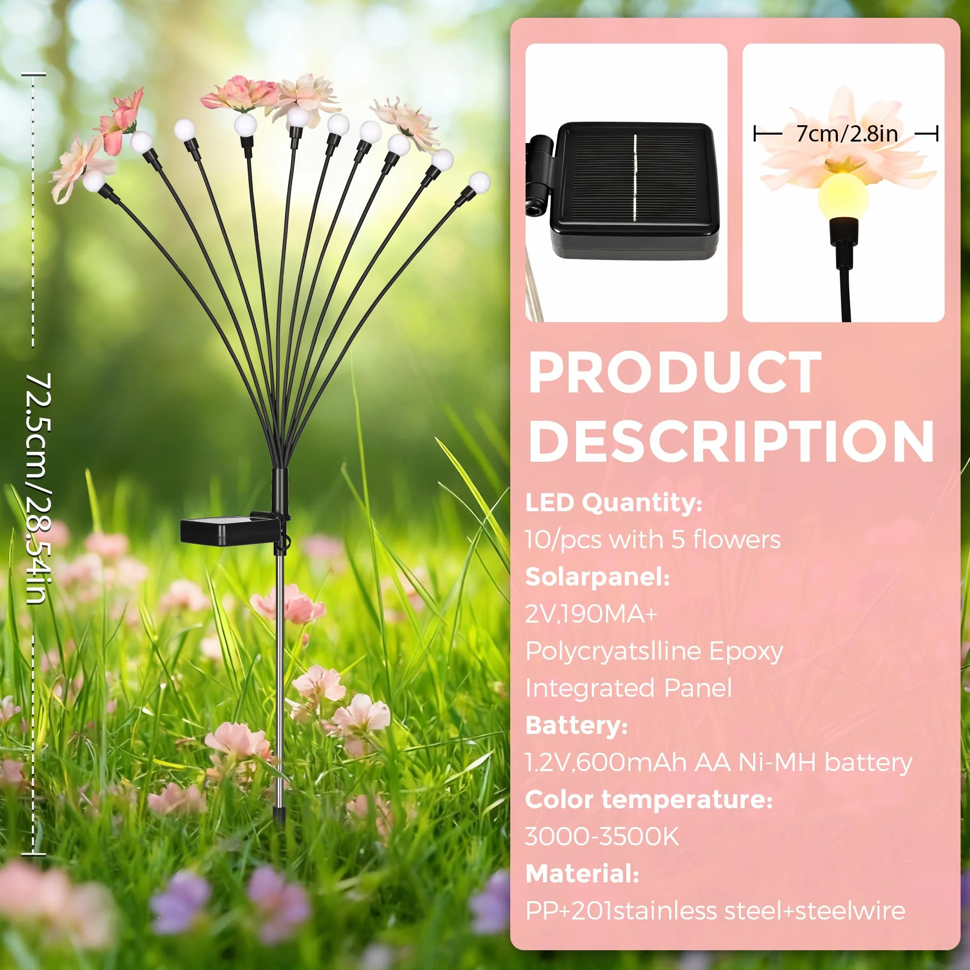 Lampy solarne do ogrodu, wodoodporne, ulepszone 60 diod LED, solarne lampy kwiatowe do użytku na zewnątrz, świetliki, lampa ogrodowa na ścieżki, podwórka, dekoracja tarasu (6 sztuk, ciepła