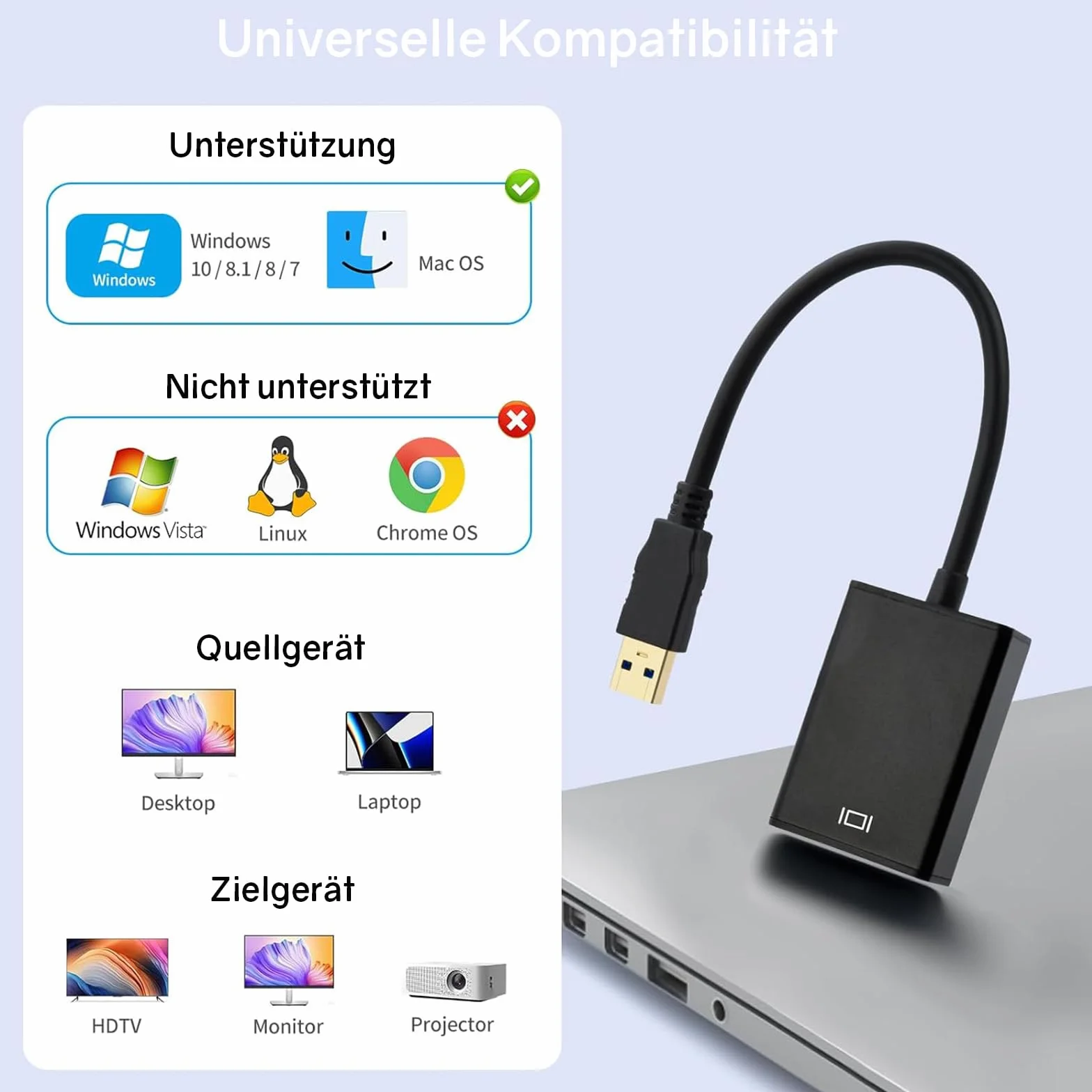 VIEVRE Adapter USB HDMI 3.0/2.0 HD 1080p Konwerter Komputer Laptop HDTV
