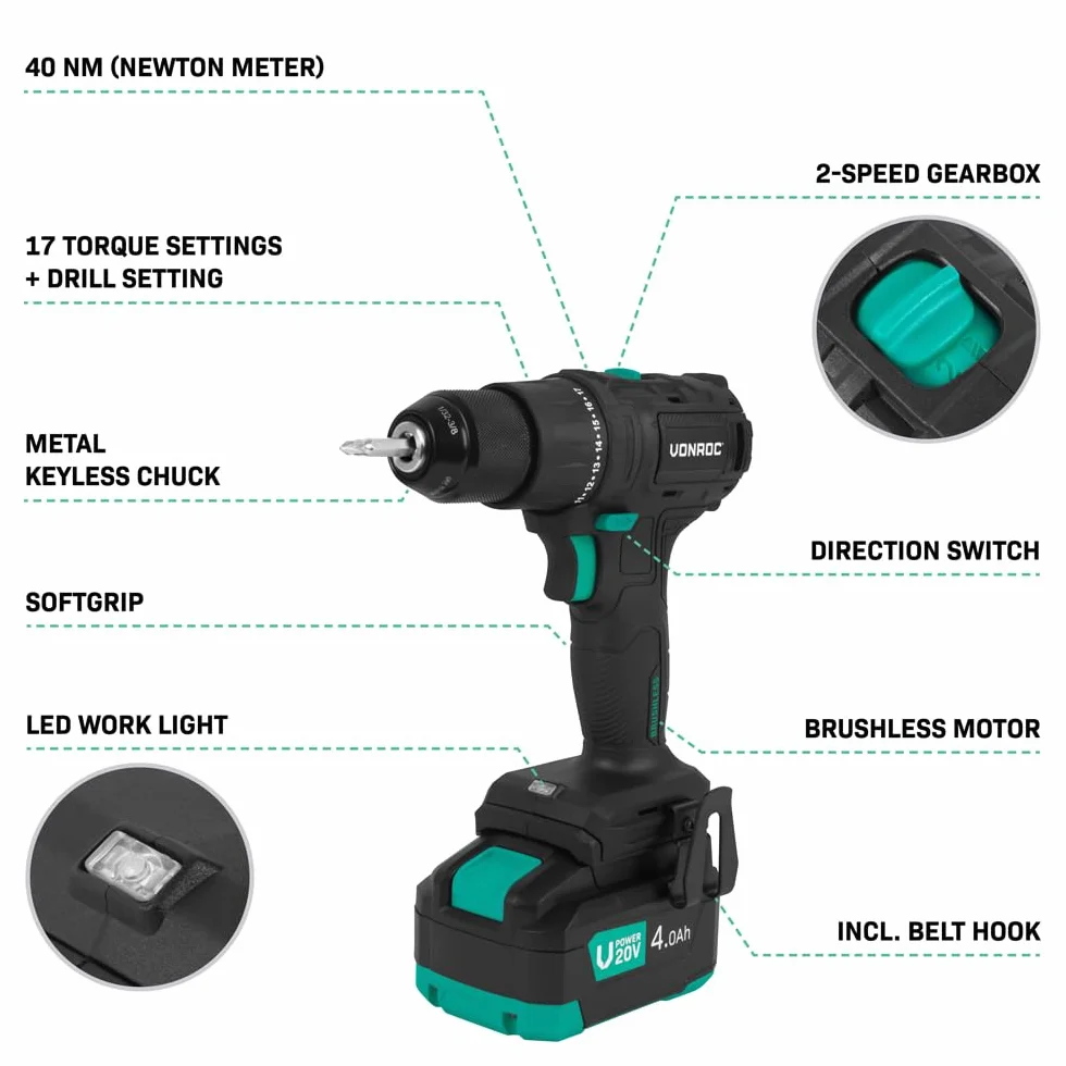 VONROC PRO Wiertarko-Wkrętarka Akumulatorowa 20V 40Nm Bezszczotkowa | 4.0Ah | 2 Biegi 0-1600 obr./min | Metalowy Uchwyt 10mm | 17+1 Ustawień | LED | VPower (aku 4.0Ah i ładowarka)
