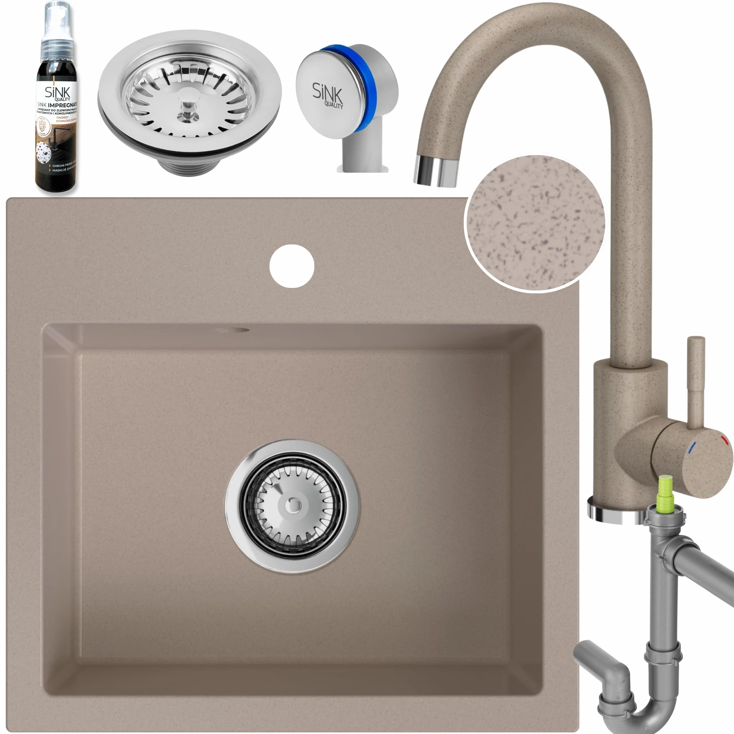 SINK Quality beżowy zlewozmywak z armaturą zestaw 45 × 42 cm – zlewozmywak z kranem, syfonem i impregnacją – kompletny zestaw z granitu – zlewozmywak do szafki pod umywalkę od 45 cm