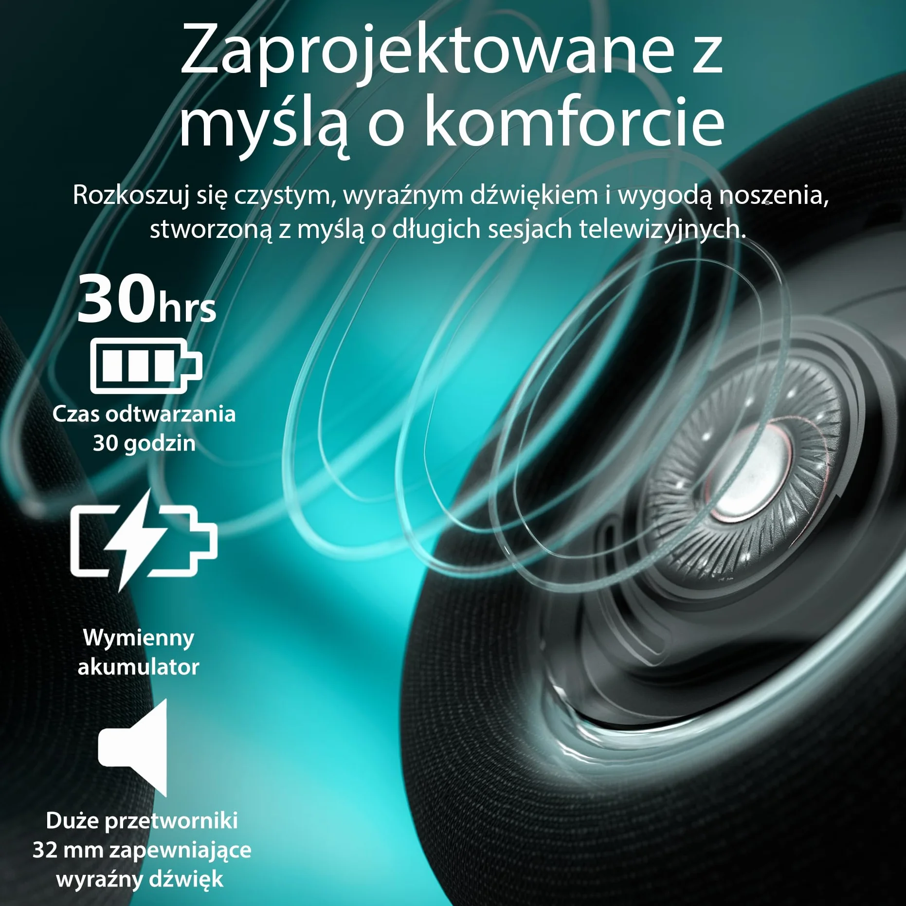 Philips SHC5200M2 bezprzewodowe słuchawki telewizyjne z czasem odtwarzania 30 godzin, zasięg 30 m, cyfrowe połączenie 2,4 G, wygodne dopasowanie do uszu, wymienny akumulator, wyraźny dźwięk dialogowy