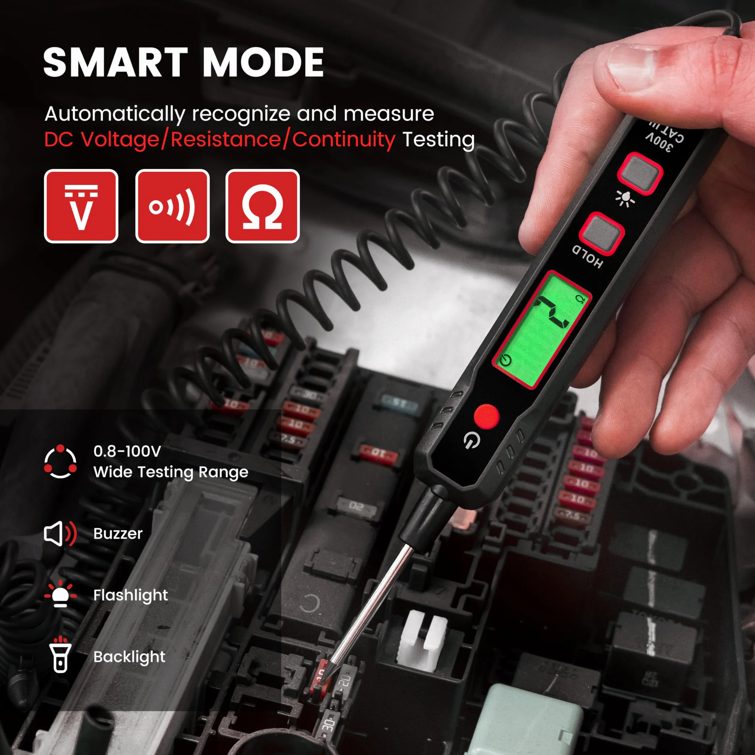 KAIWEETS Inteligentny tester napięcia w samochodzie, tester napięcia 0.8V-100V DC z podświetleniem, cyfrowa lampa testowa samochodu z latarką mierzy ciągłość biegunowości, lampa testowa do akumulatora samochodowego