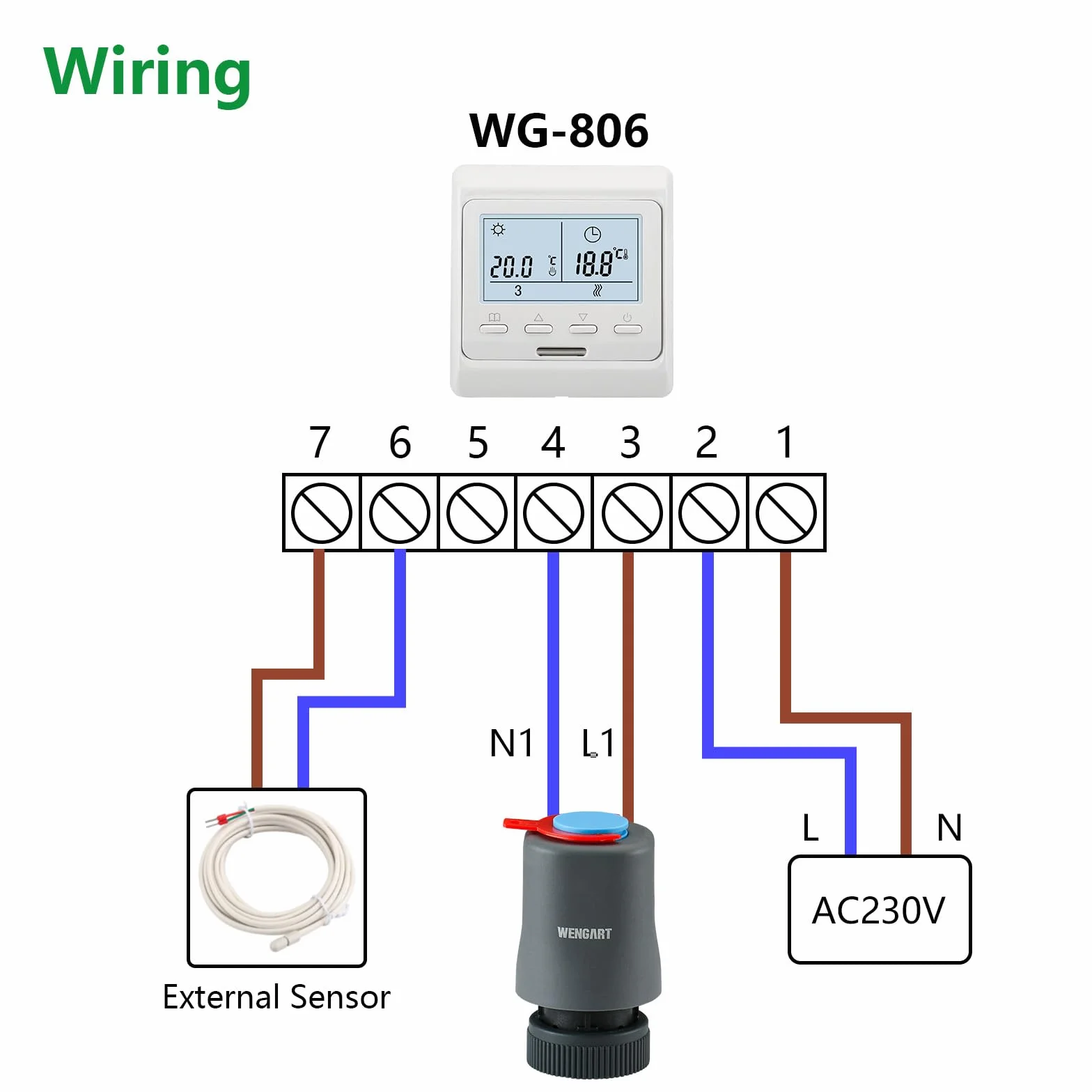 Wengart Siłownik termoelektryczny WGS03, AC230V M30 x 1,5 gwint, normalnie zamknięty, do ogrzewania podłogowego (1 szt.)
