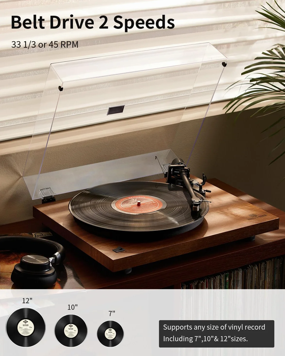 Gramofon Bluetooth 5.0 z napędem pasowym i wkładem AT-3600L