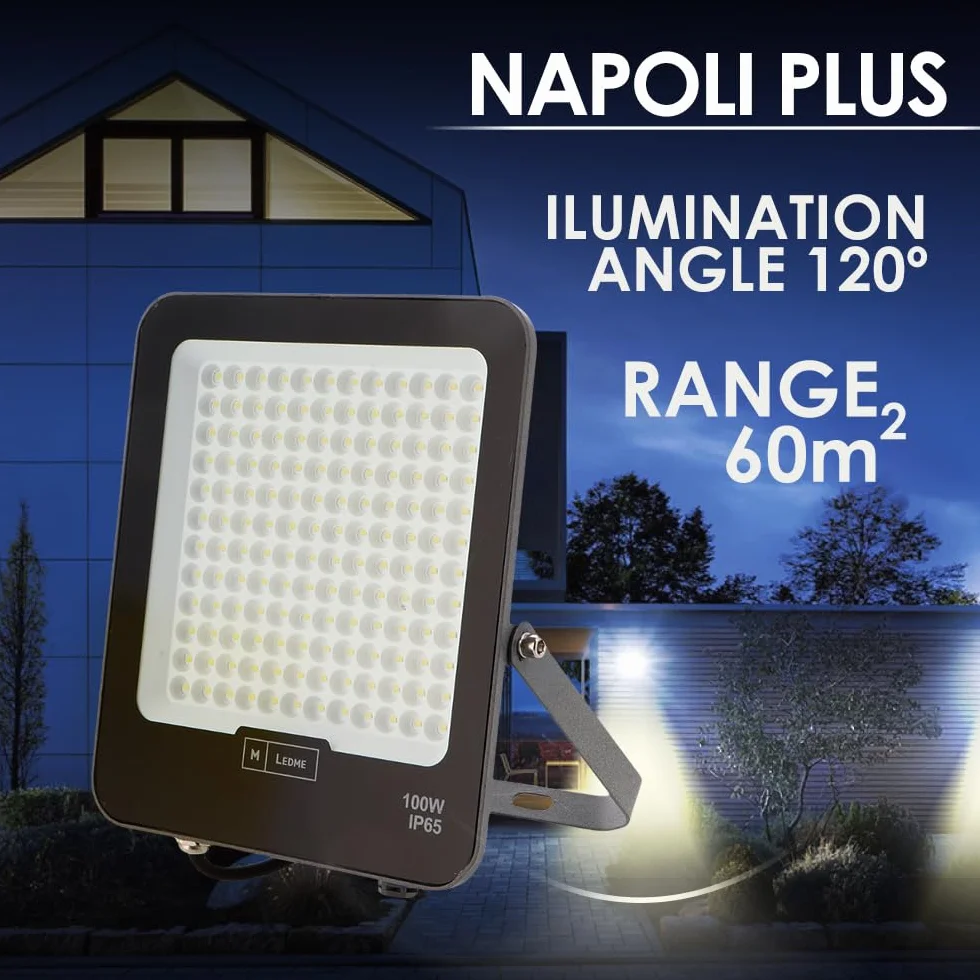 M Ledme - Napoli Plus reflektor LED 100 W, 12 000 lumenów, IP65 możliwość ściemniania, barwa zimnej światła (6000 k), oświetlenie zewnętrzne, do użytku w ogrodzie, na podwórku, parkingu, hotelu,