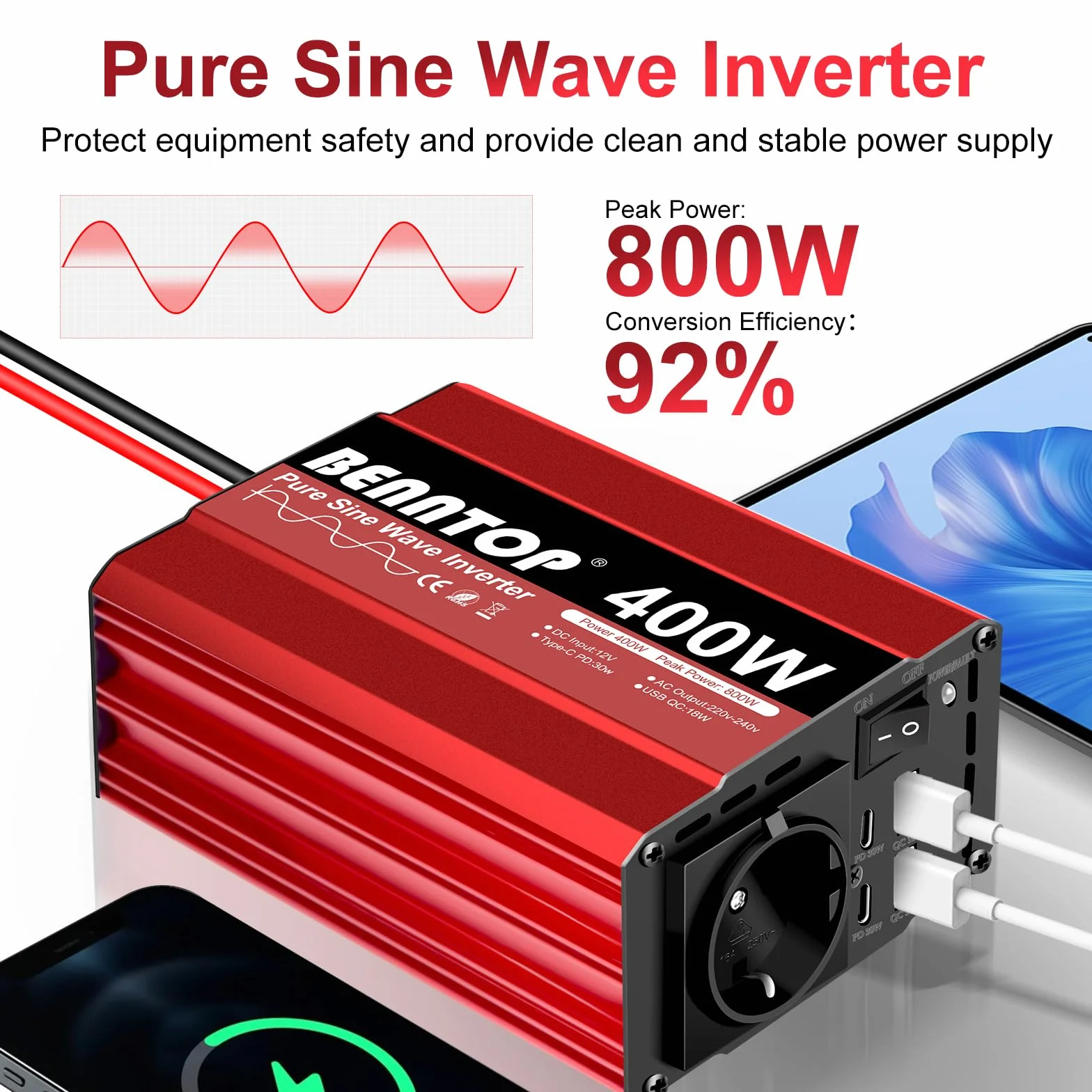 Konwerter 12V 230V 400W/800W Pure Sinus Falownik Samochodowy z 4 Portami USB