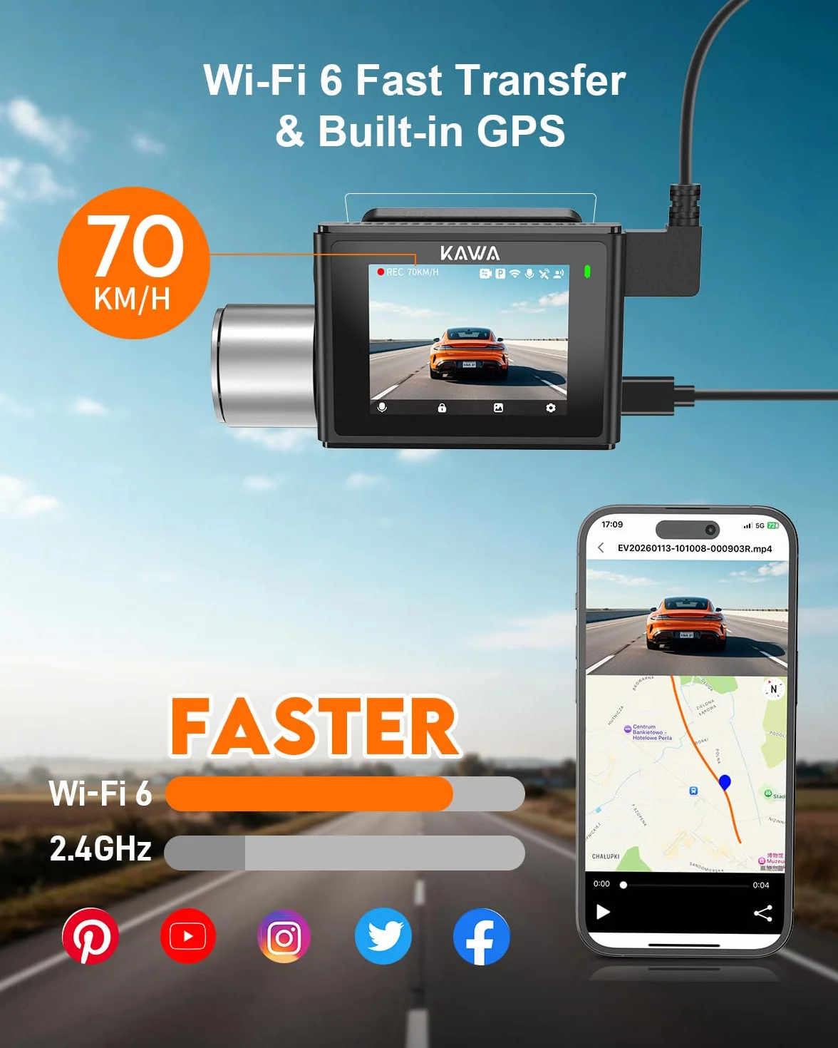 4K Dashcam przednia i tylna kamera, sterowanie głosem, 64GB karta, Wi-Fi 6, GPS, ekran IPS 5 cm, NightEagle, tryb parkowania 24h