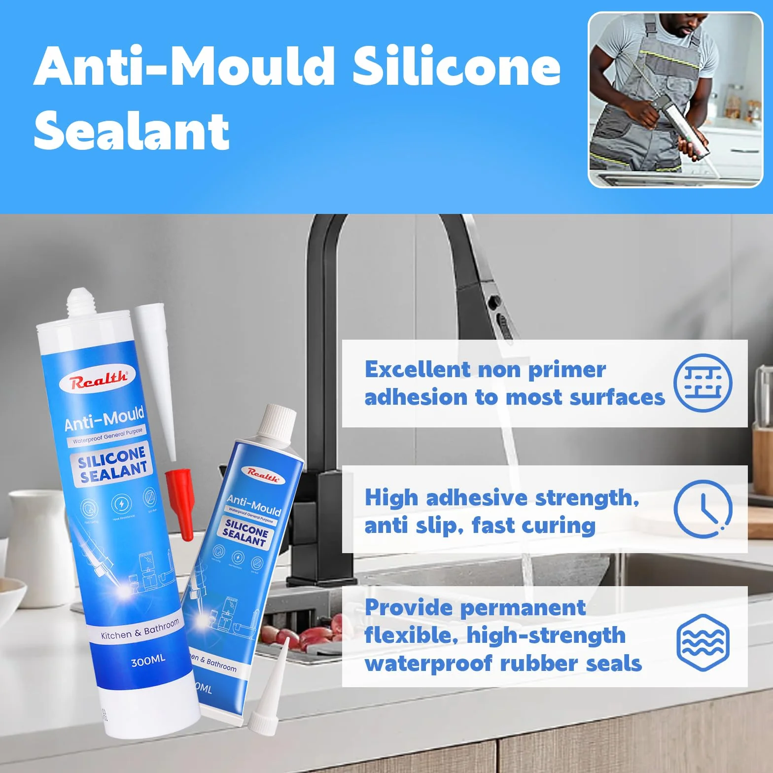 Realth Sanitarny środek uszczelniający do kuchni/łazienki 100 ml | przezroczysty | Długa sanitarna silikonowa uszczelka | Trwałość na wielu | Prysznice toaletowe do płytek okiennych