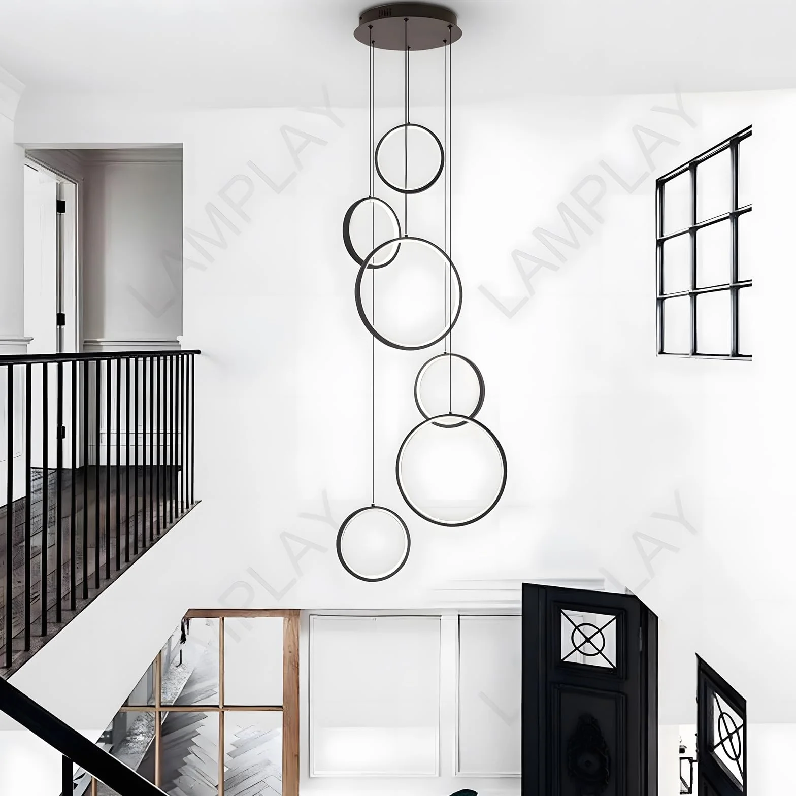 LED Długi Żyrandol Schodowy, Nowoczesna Lampa Na Wysoki Sufit Z 6 Czarnymi Pierścieniami, Lampa Wisząca DIY Z Regulacją Wysokości, Ściemniana Za Pomocą Pilota 3000K-6000K, Schody, Willa