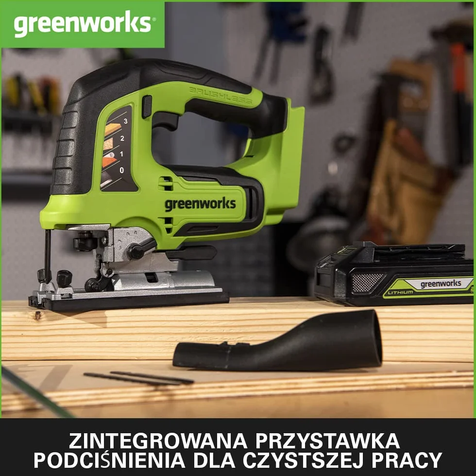 Greenworks GD24JSK2 Wyrzynarka Akumulatorowa z 2 Ostrzami, 3000 obr./min, Regulowana Podstawa do 45°, Przystawka Próżniowa PLUS 24V 2 Ah Bateria i Ładowarka