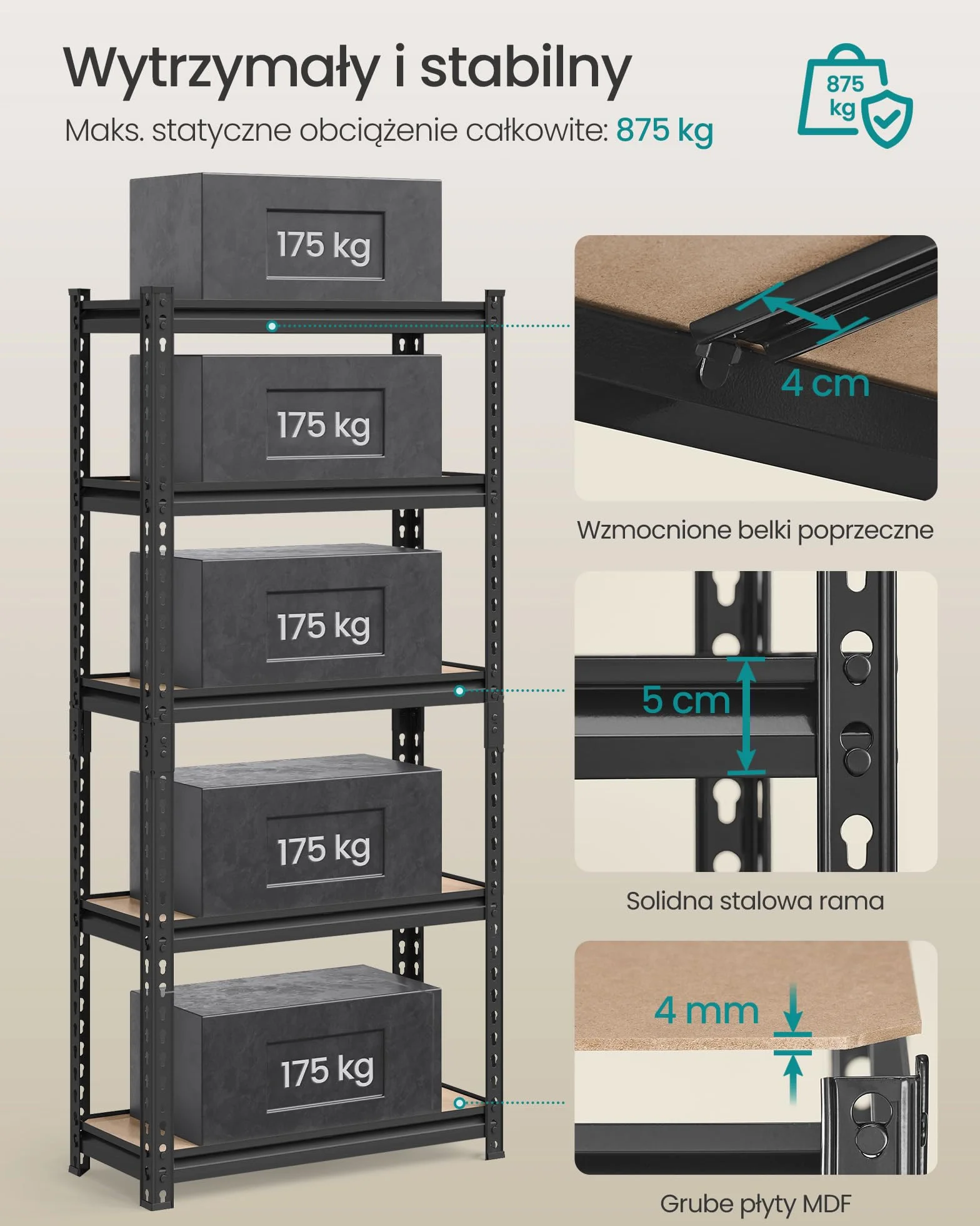 SONGMICS Regał do dużych obciążeń, zestaw 2 sztuk, regał stojący, regał magazynowy, regał kuchenny, 5 półek, 30 x 75 x 150 cm, obciążenie do 875 kg, do piwnicy, kuchni, gabinetu, czarny GLR302B01