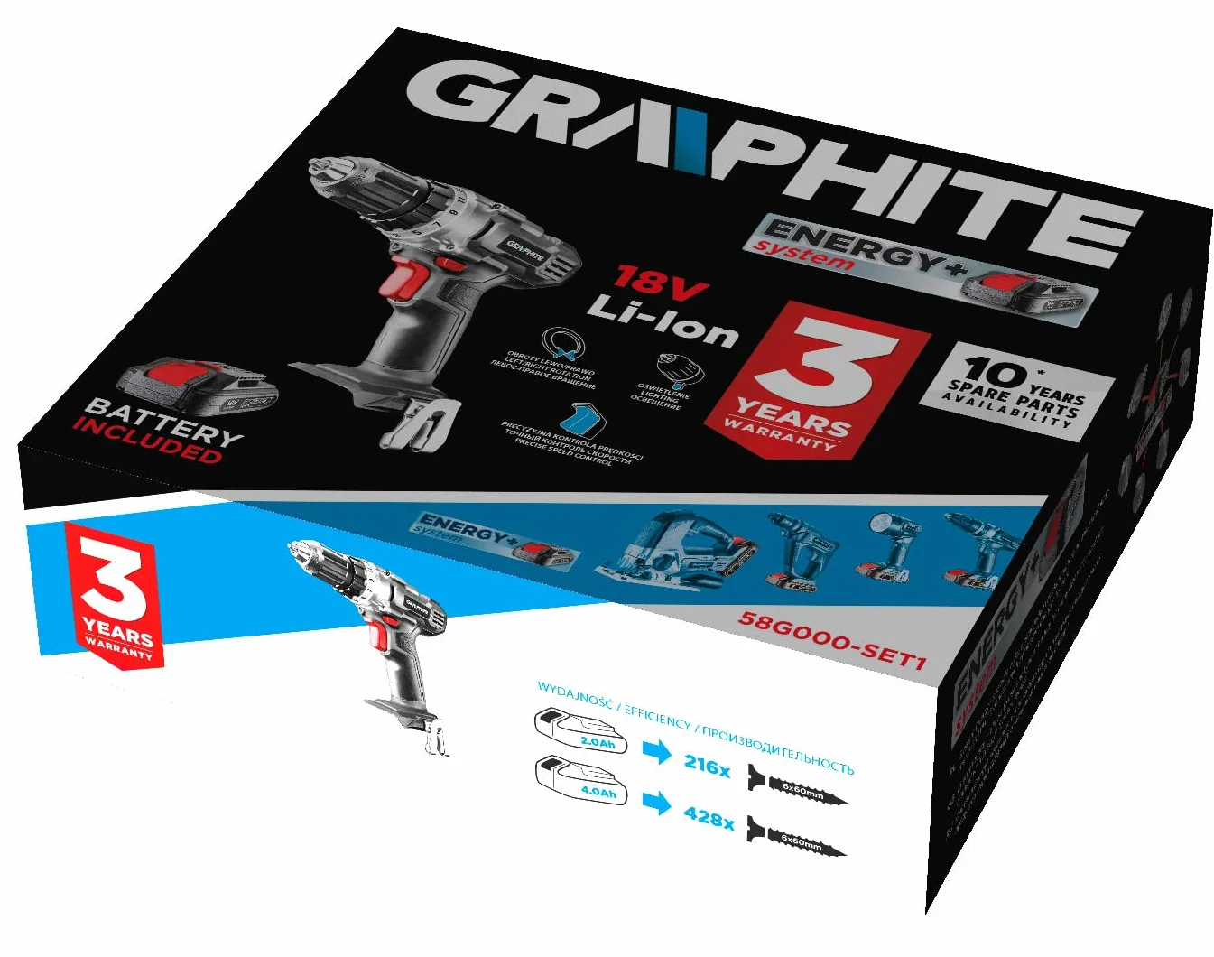 GRAPHITE Wiertarko-wkrętarka akumulatorowa 18 V Energy+, wiertarka/wkrętarka z akumulatorem 2,0 Ah i ładowarką w kartonowym pudełku, uchwyt wiertarski 10 mm