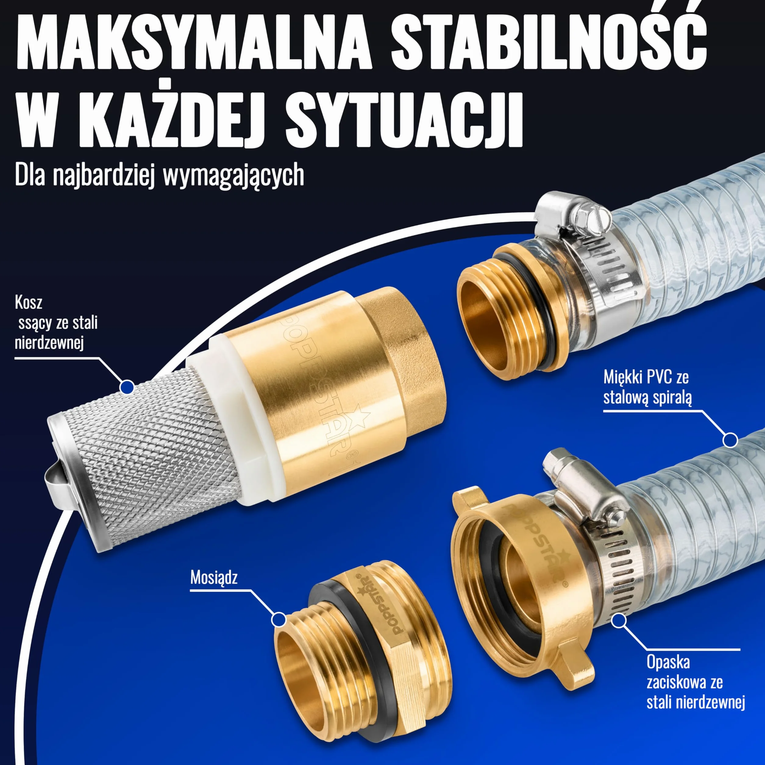 Poppstar Wąż ssący 1 cal 4m (ID 25mm, AD 33mm, grubość ścianki 4mm), w zestawie kosz ze stali nierdzewnej z zaworem zwrotnym, nakrętka zaciskowa ID 1 1/4" (41,9mm), kawałek redukcyjny AD 1" (33,3mm)