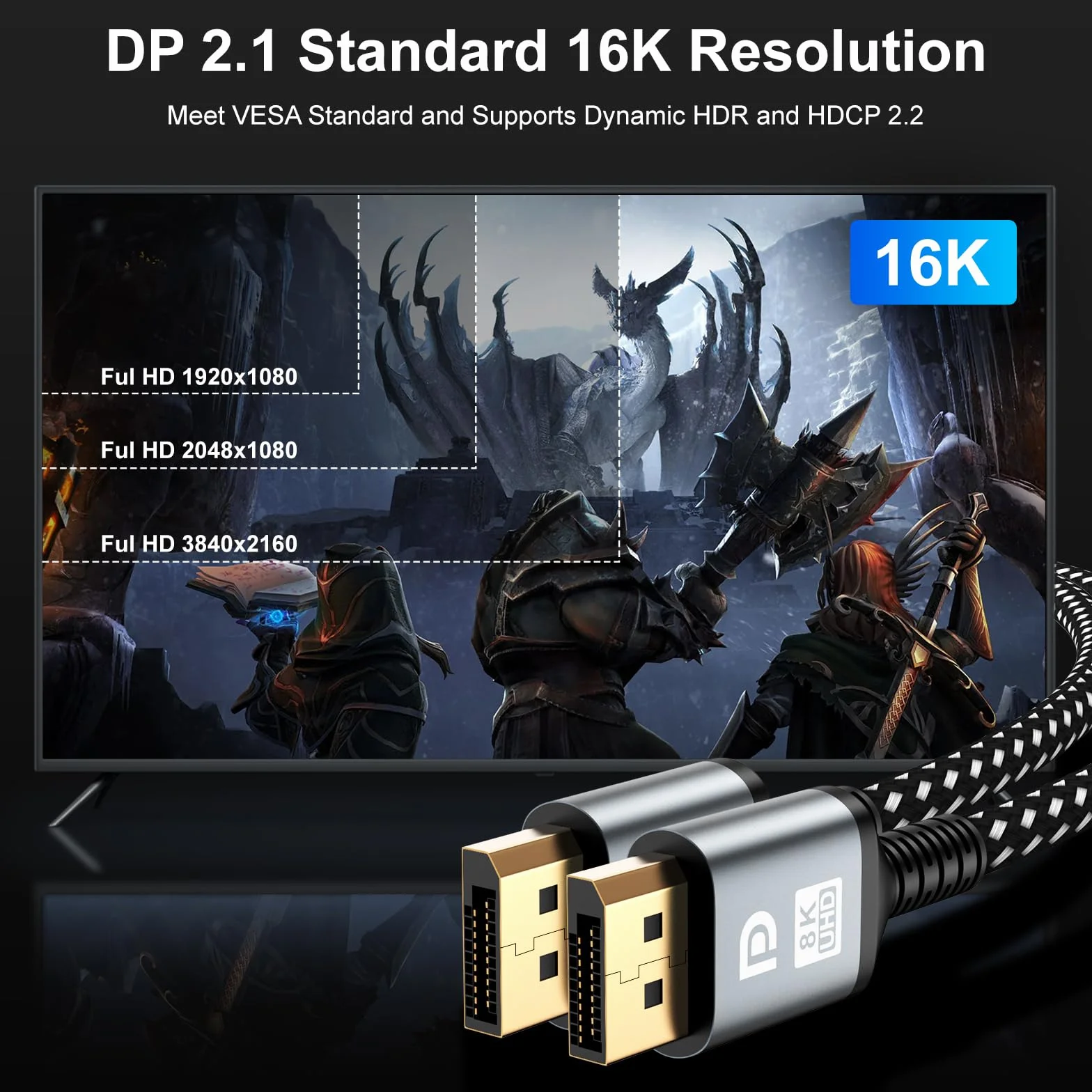 Kabel DisplayPort 16K 2 m 4K 240 Hz 40 Gb/s pozłacany DP do DP HDR HDCP FreeSync G-Sync